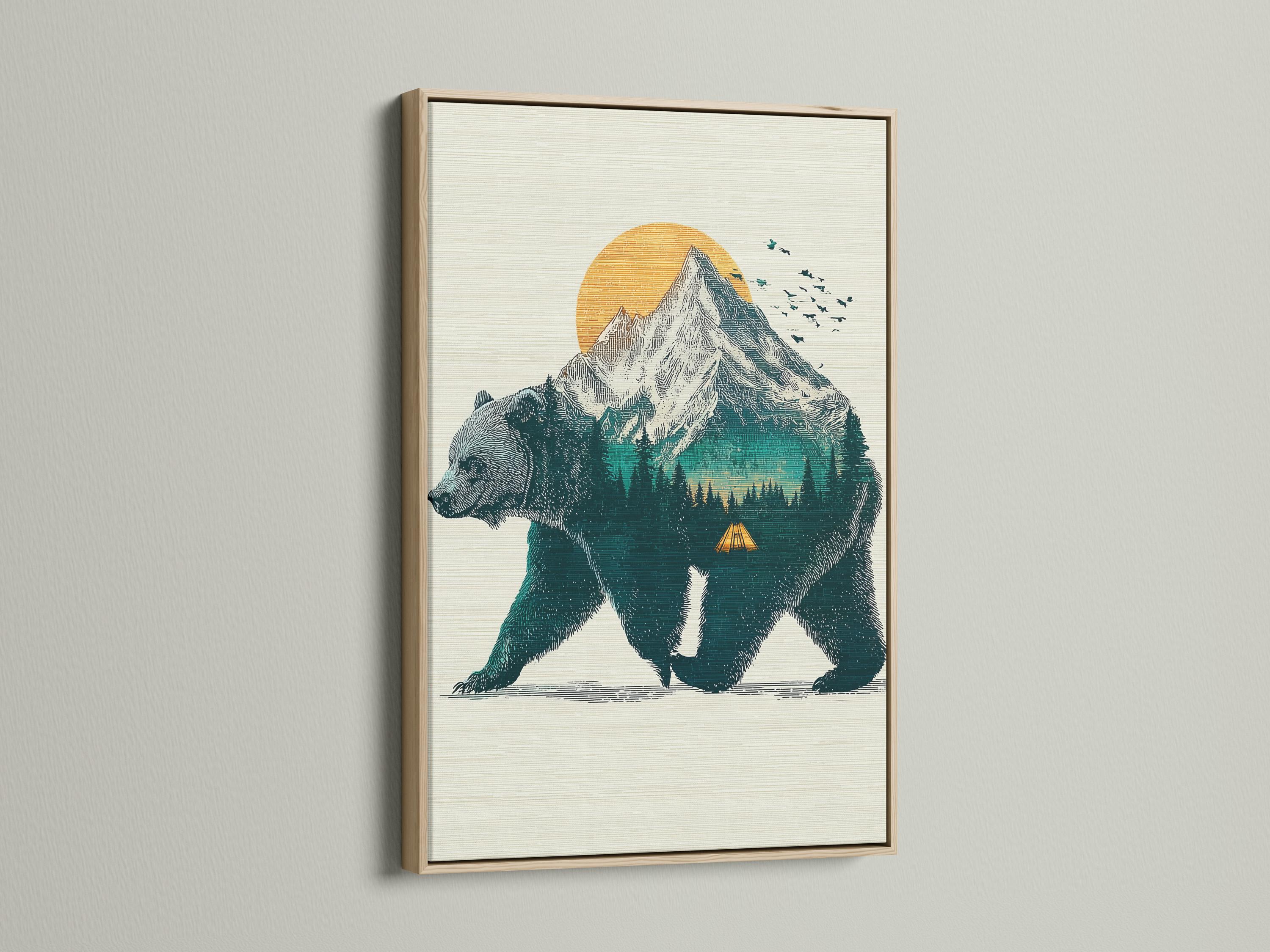Illustration of a teal bear walking with a mountain and orange sun in the background detail view