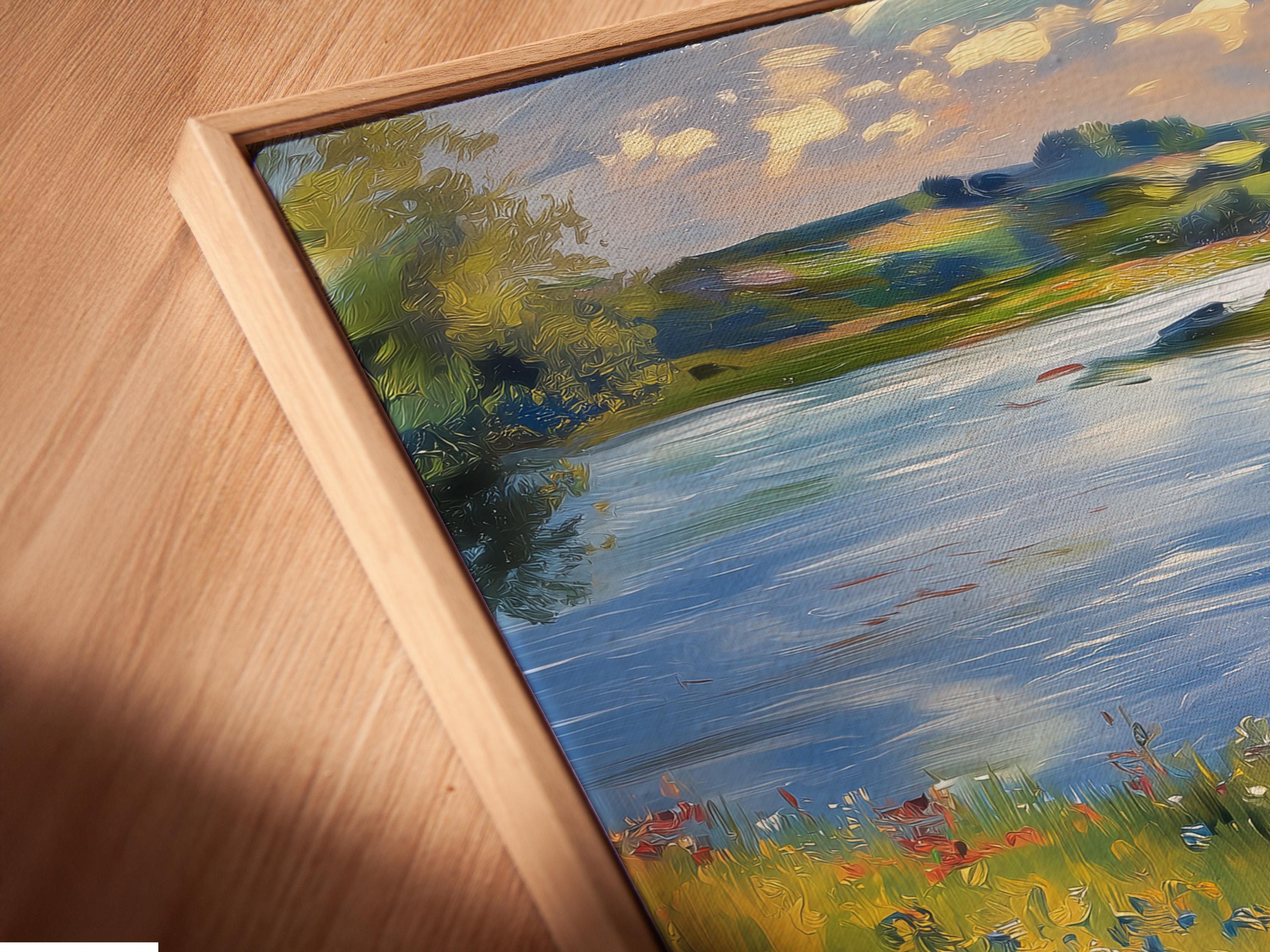 Impressionist lakeside meadow painting with two people standing near the shore and wildflowers detail view
