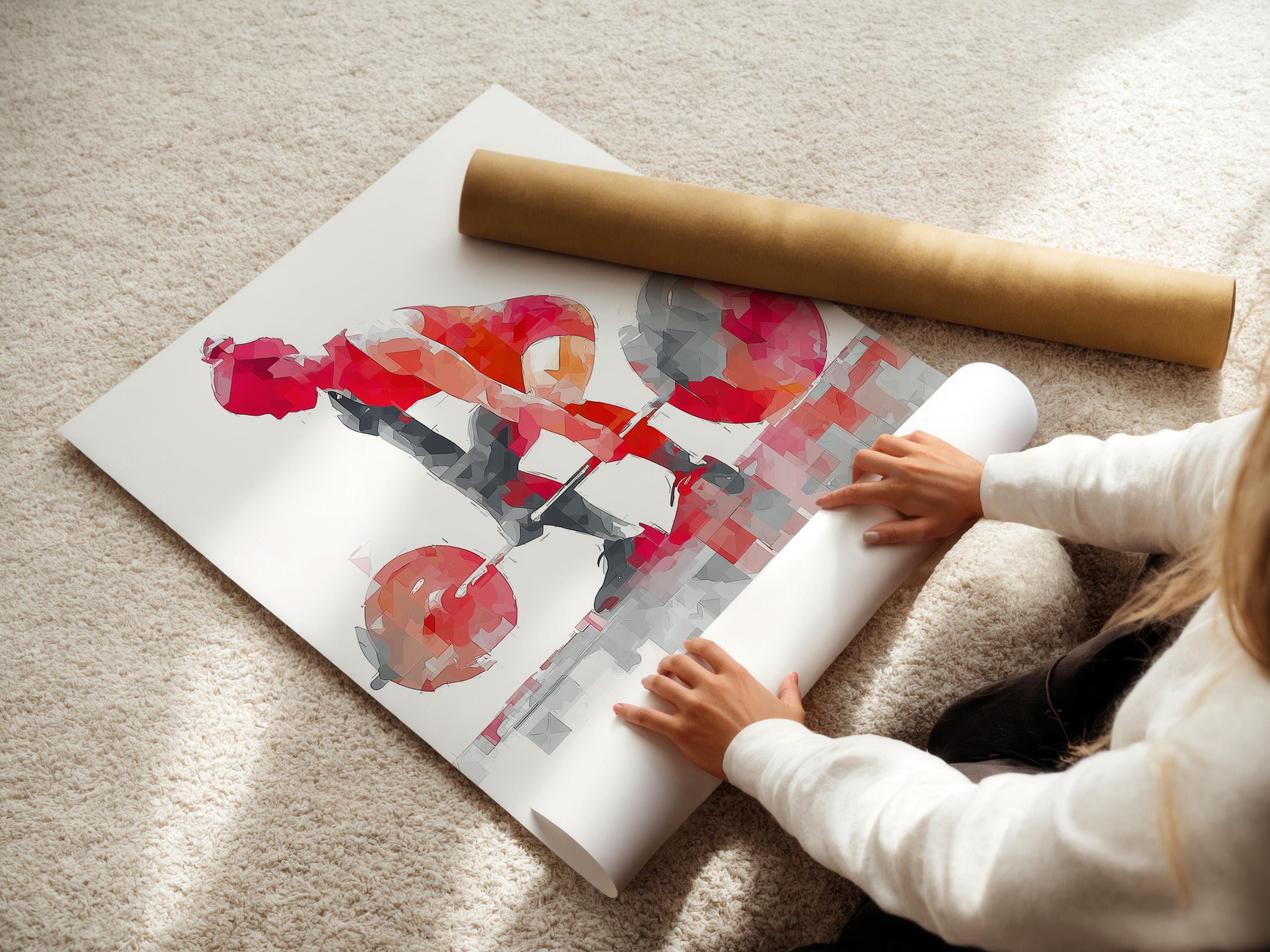 Fitness artwork mockup showing a red and grey weightlifter lifting a barbell inside a frame