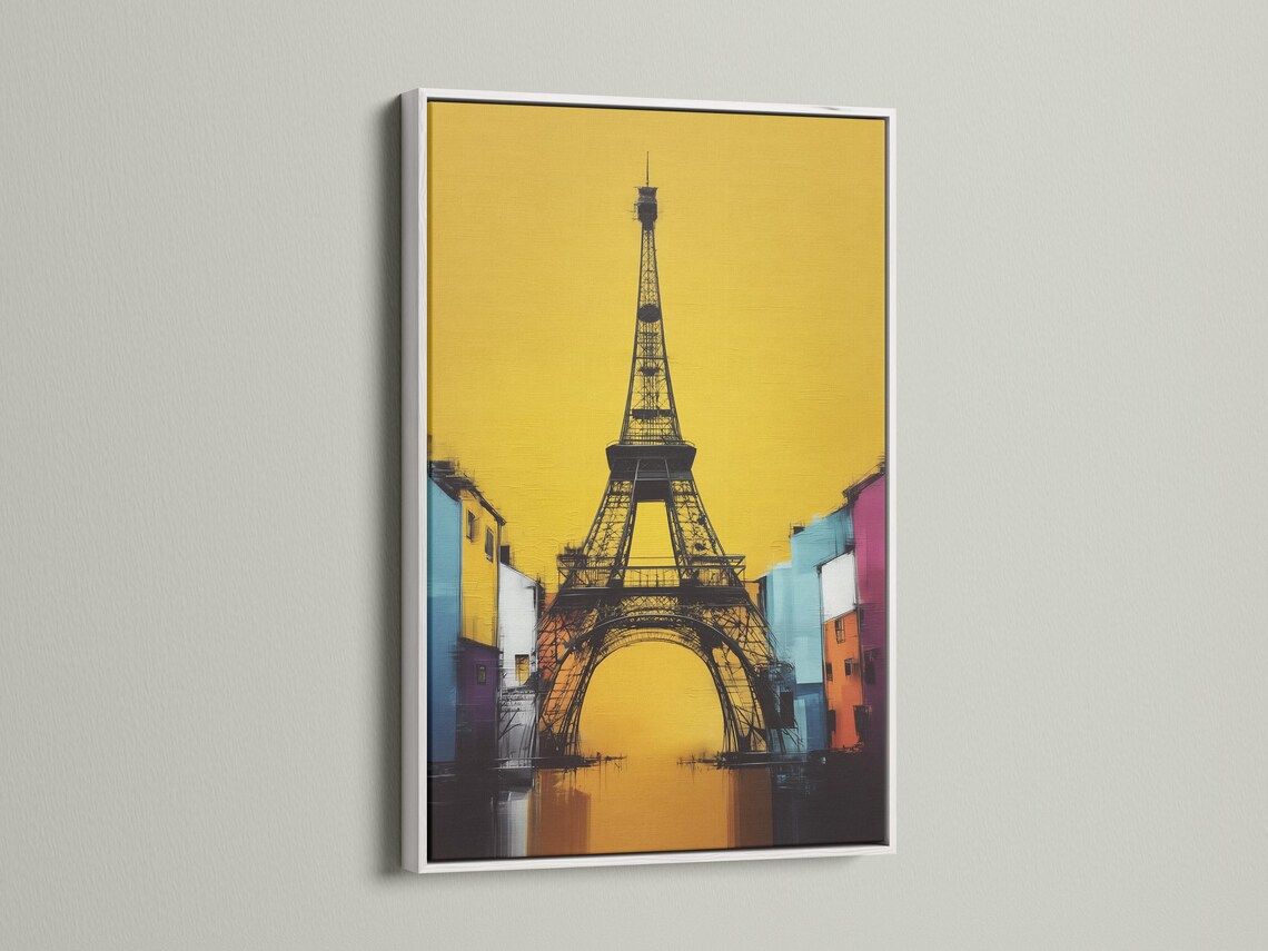 Stylised Eiffel Tower in black with a bright yellow background and colourful city buildings detail view
