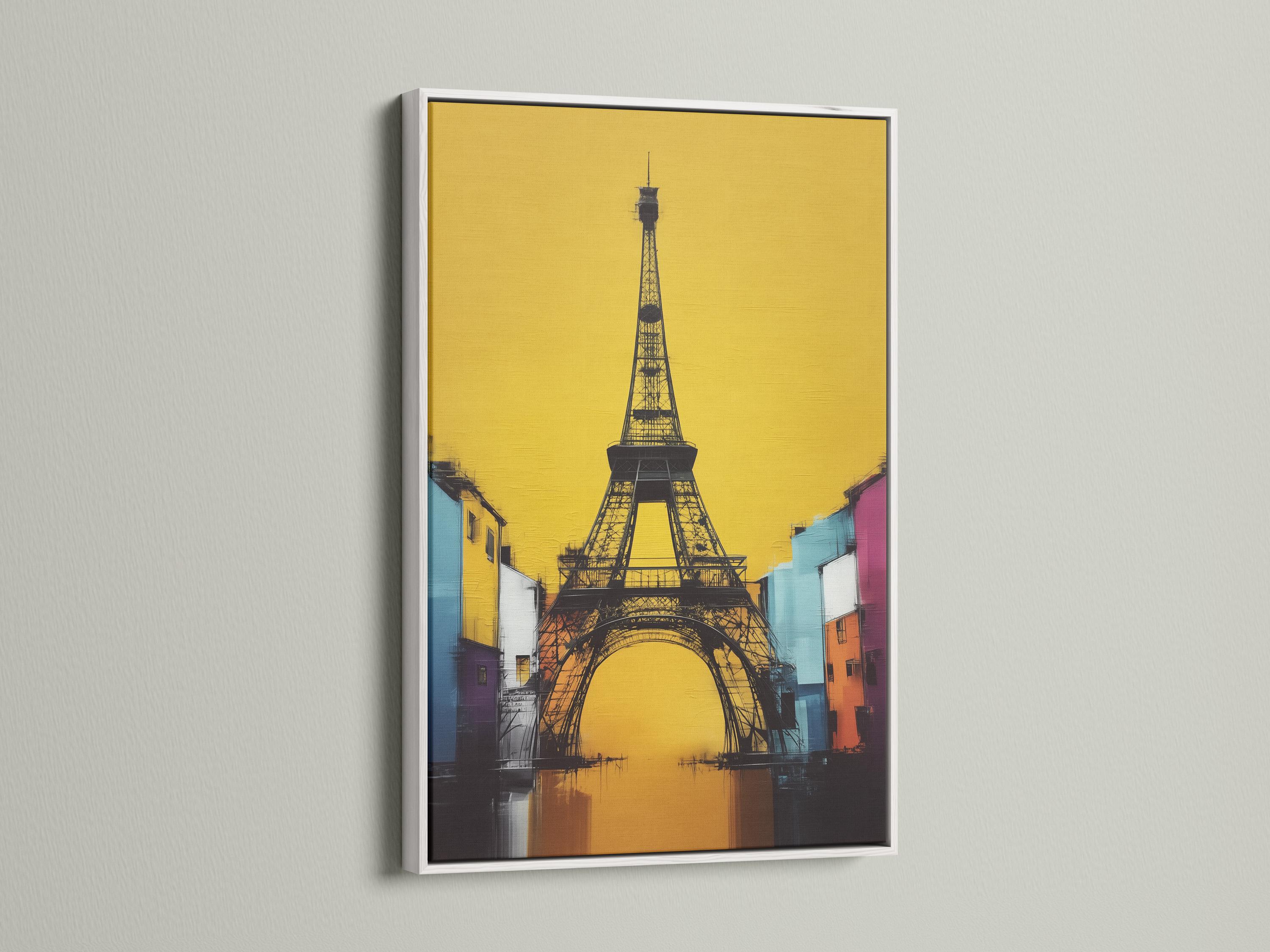 Stylised Eiffel Tower in black with a bright yellow background and colourful city buildings detail view