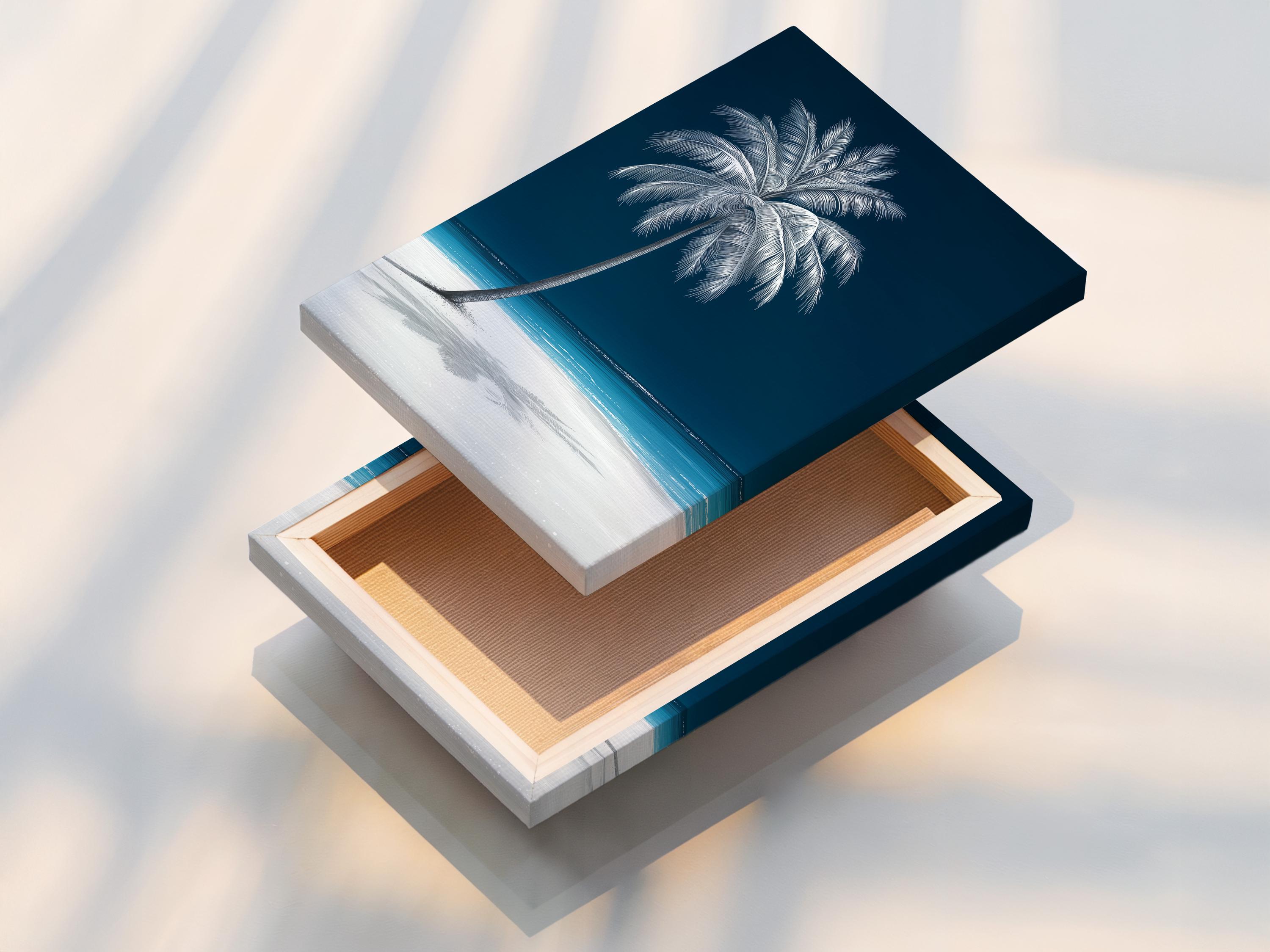 Room mockup showing framed palm tree seascape artwork