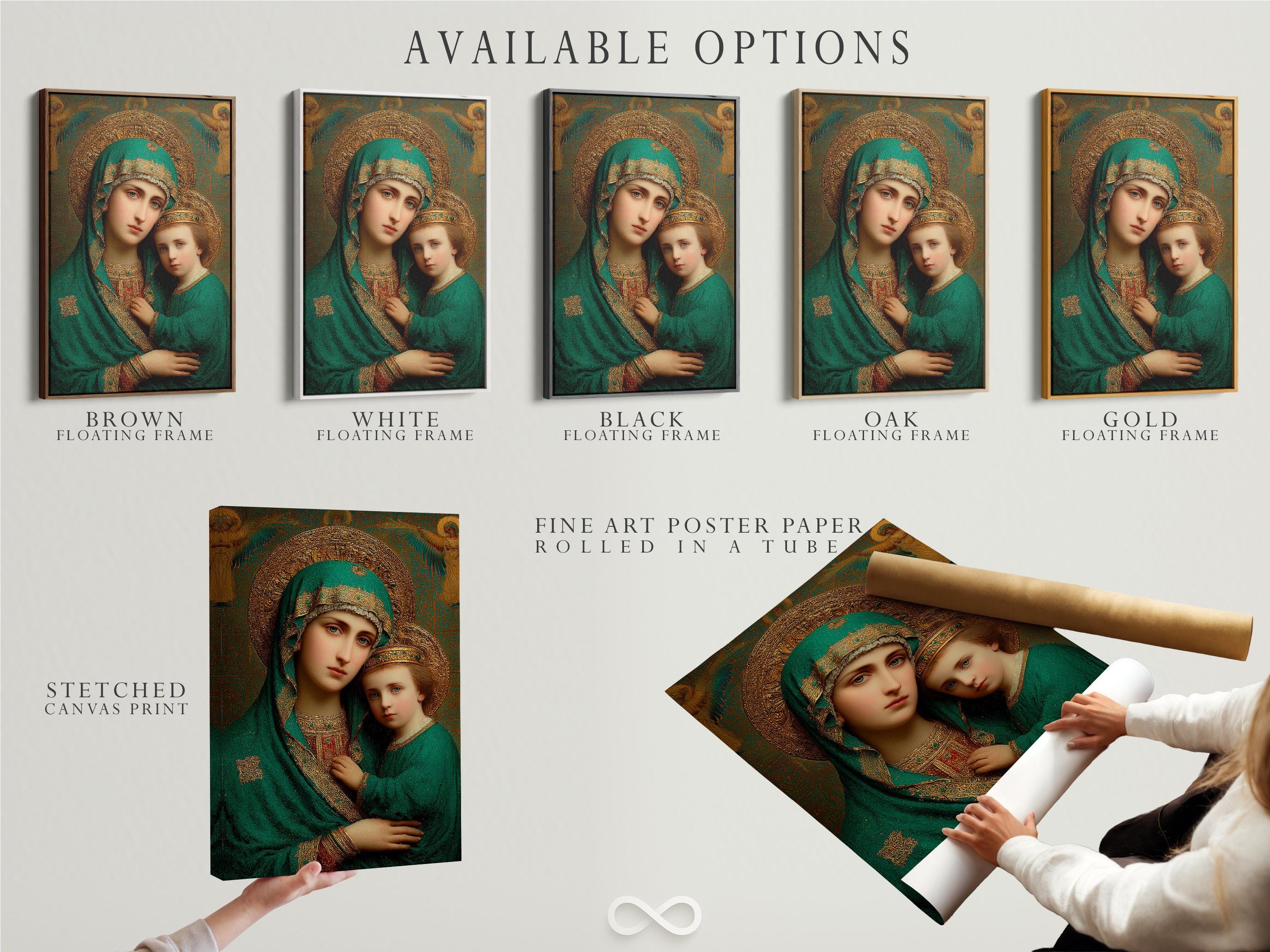 Room mockup showing a framed devotional portrait with emerald and gold figures and halos