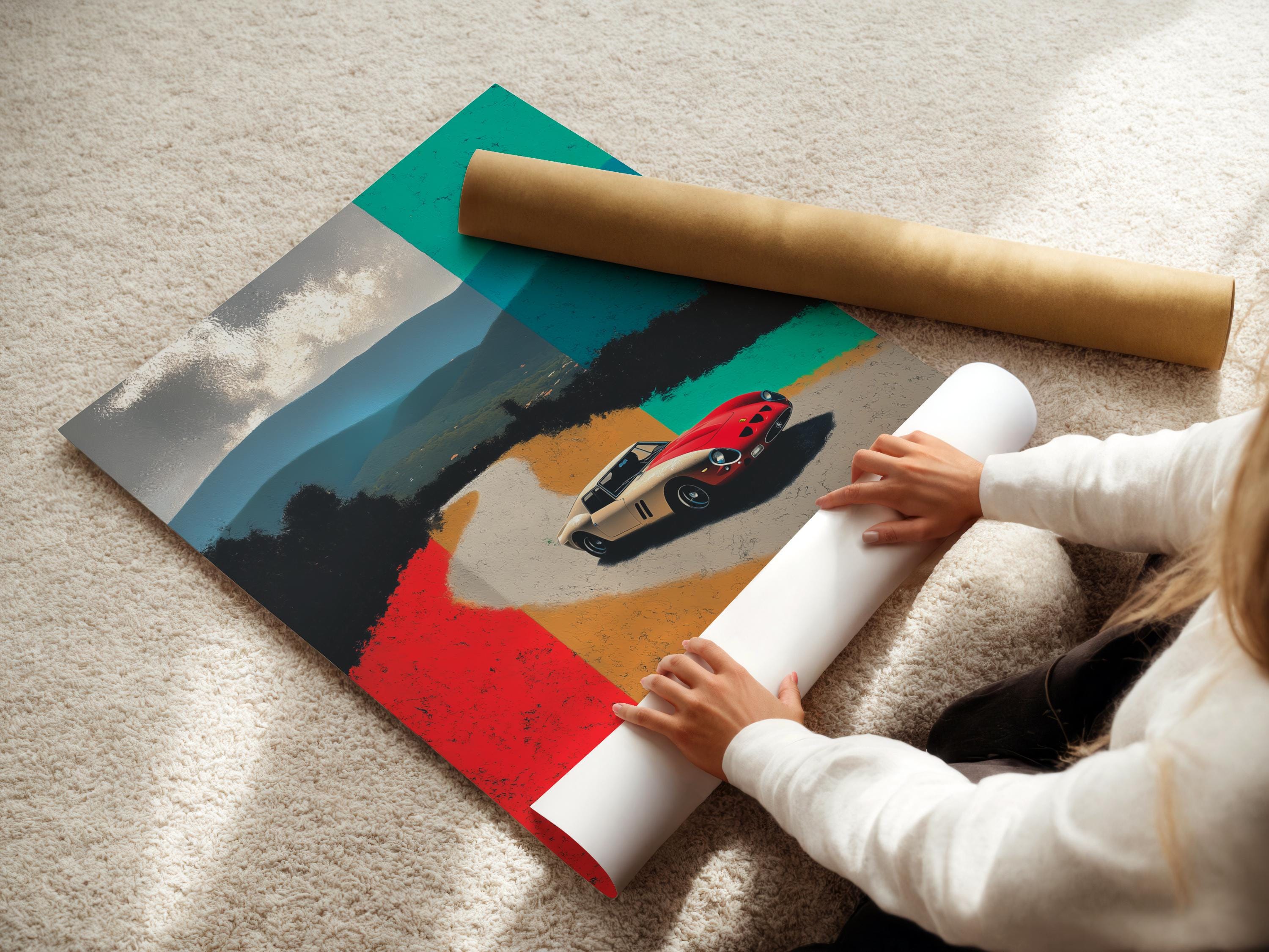 Classic sports car on a pale road with red and teal geometric background blocks detail view
