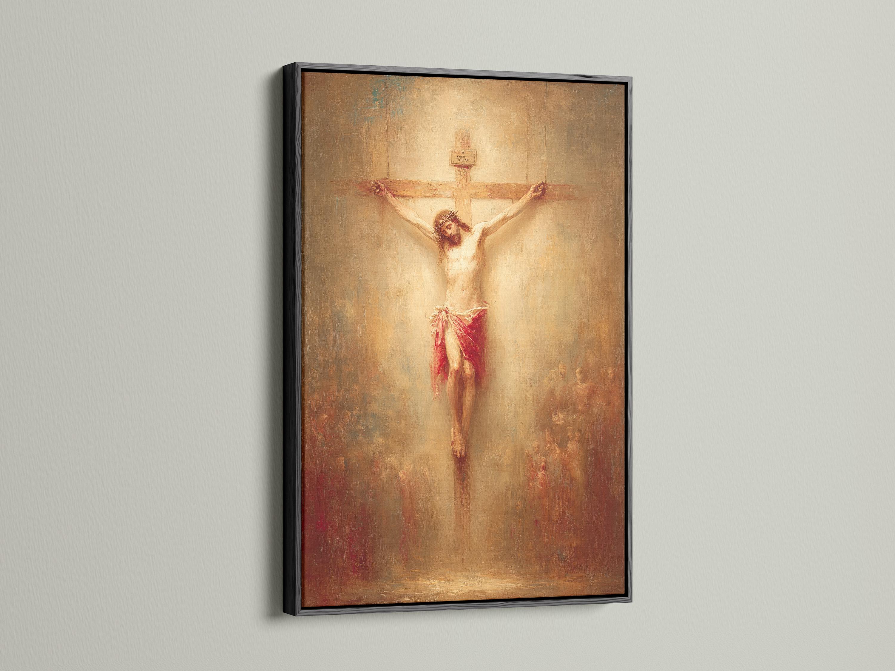 Crucifixion scene painting showing a human figure on a cross with warm beige, gold and red tones detail view