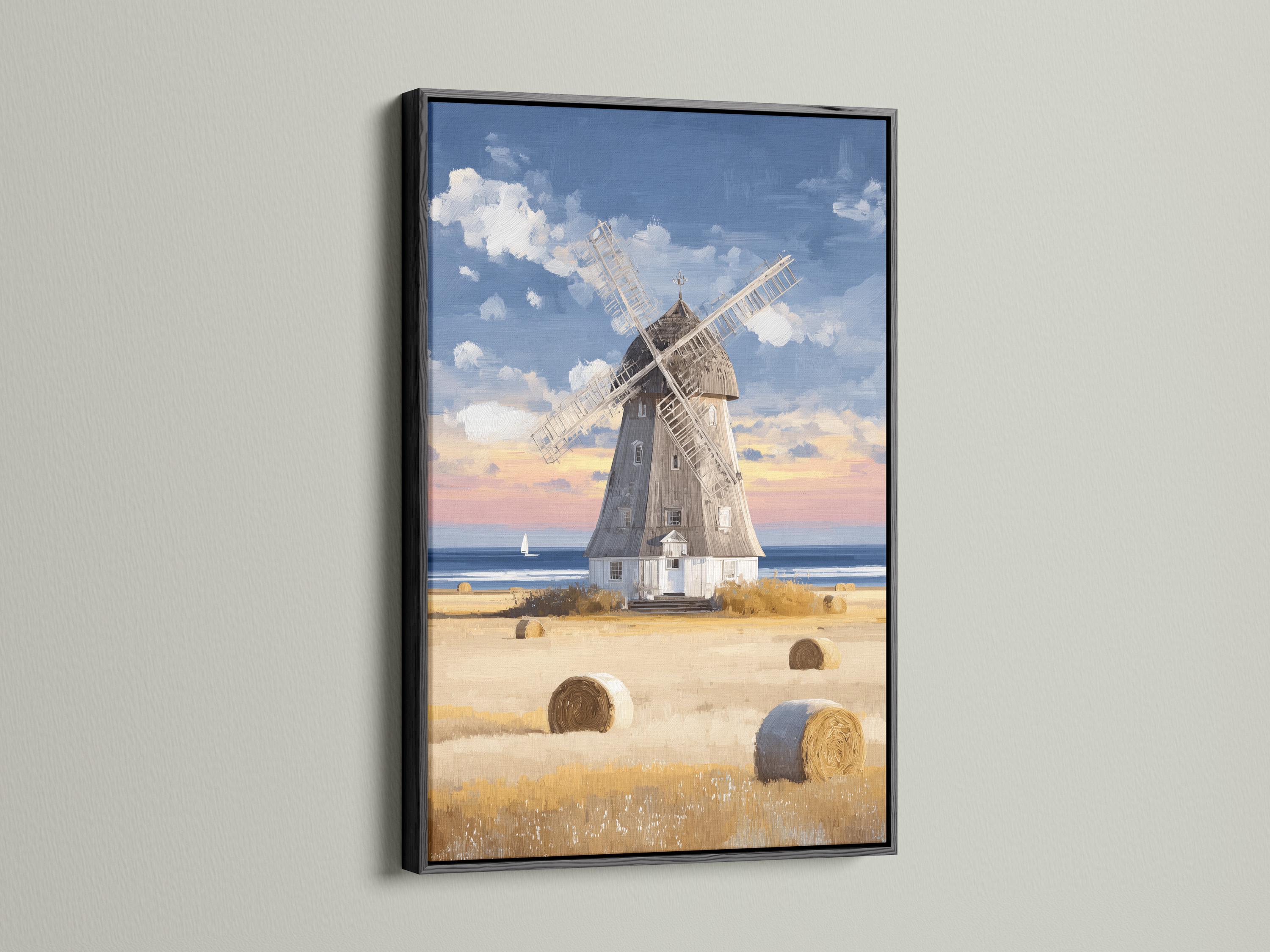 Painterly windmill landscape with hay bales, farmhouse, blue sea and cloudy sky detail view