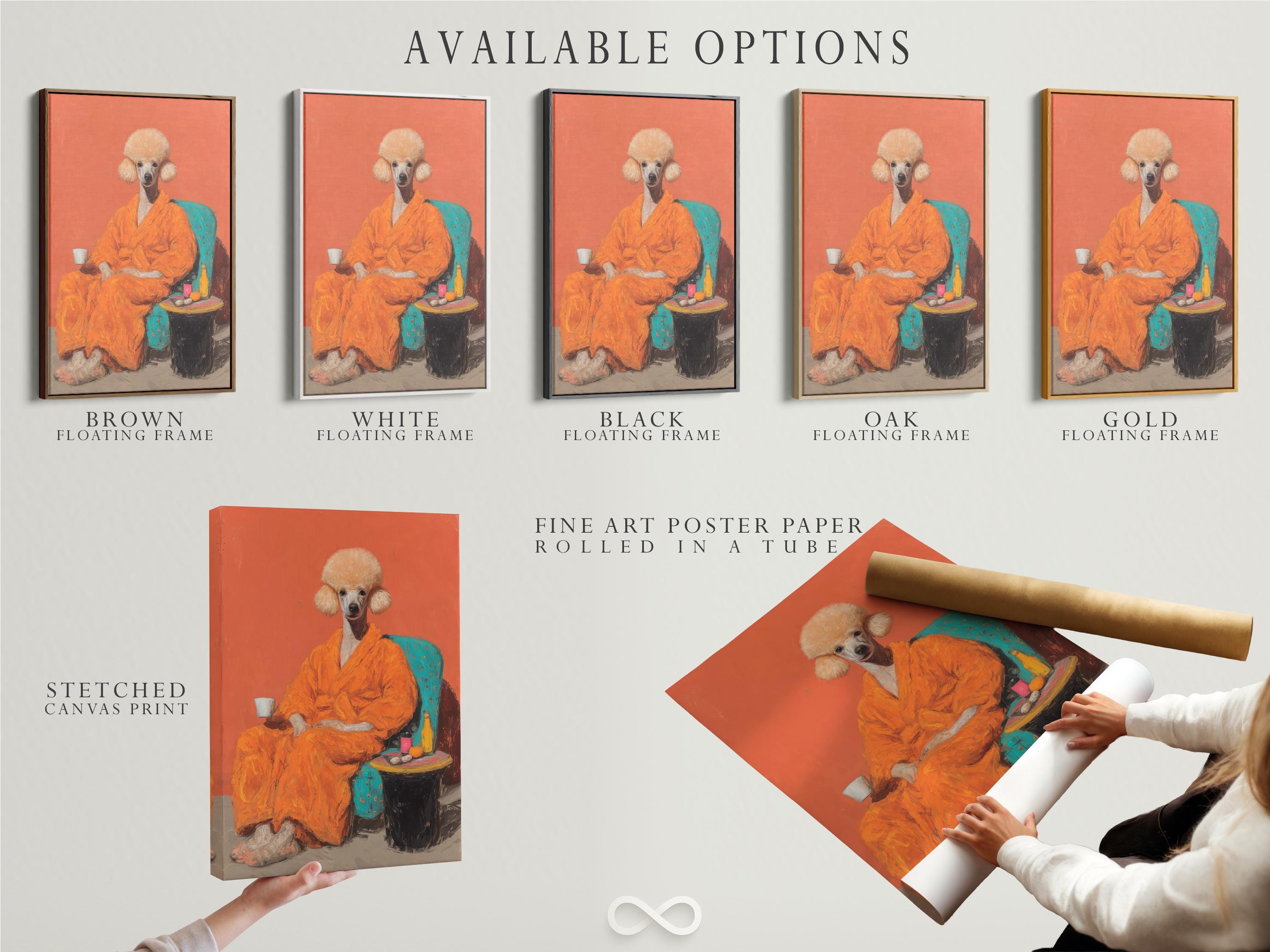 Framed poodle portrait artwork on a white background with smaller frame mockups beside it