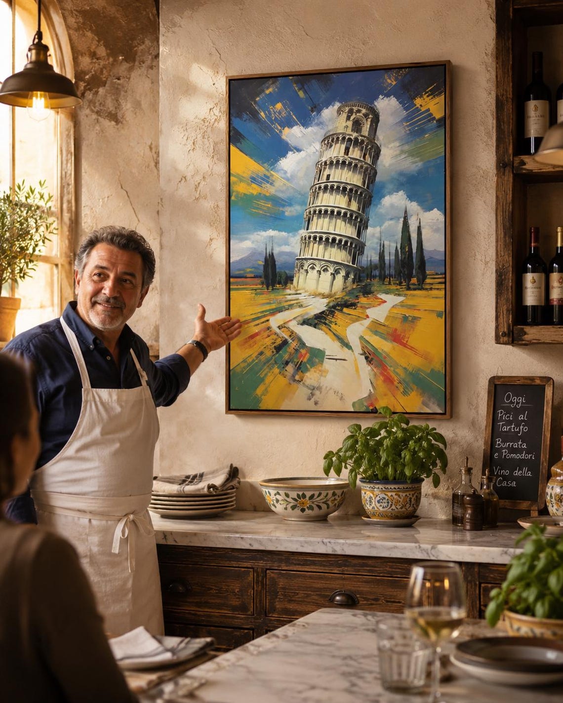 Man standing by a framed Leaning Tower of Pisa painting in an office-like room