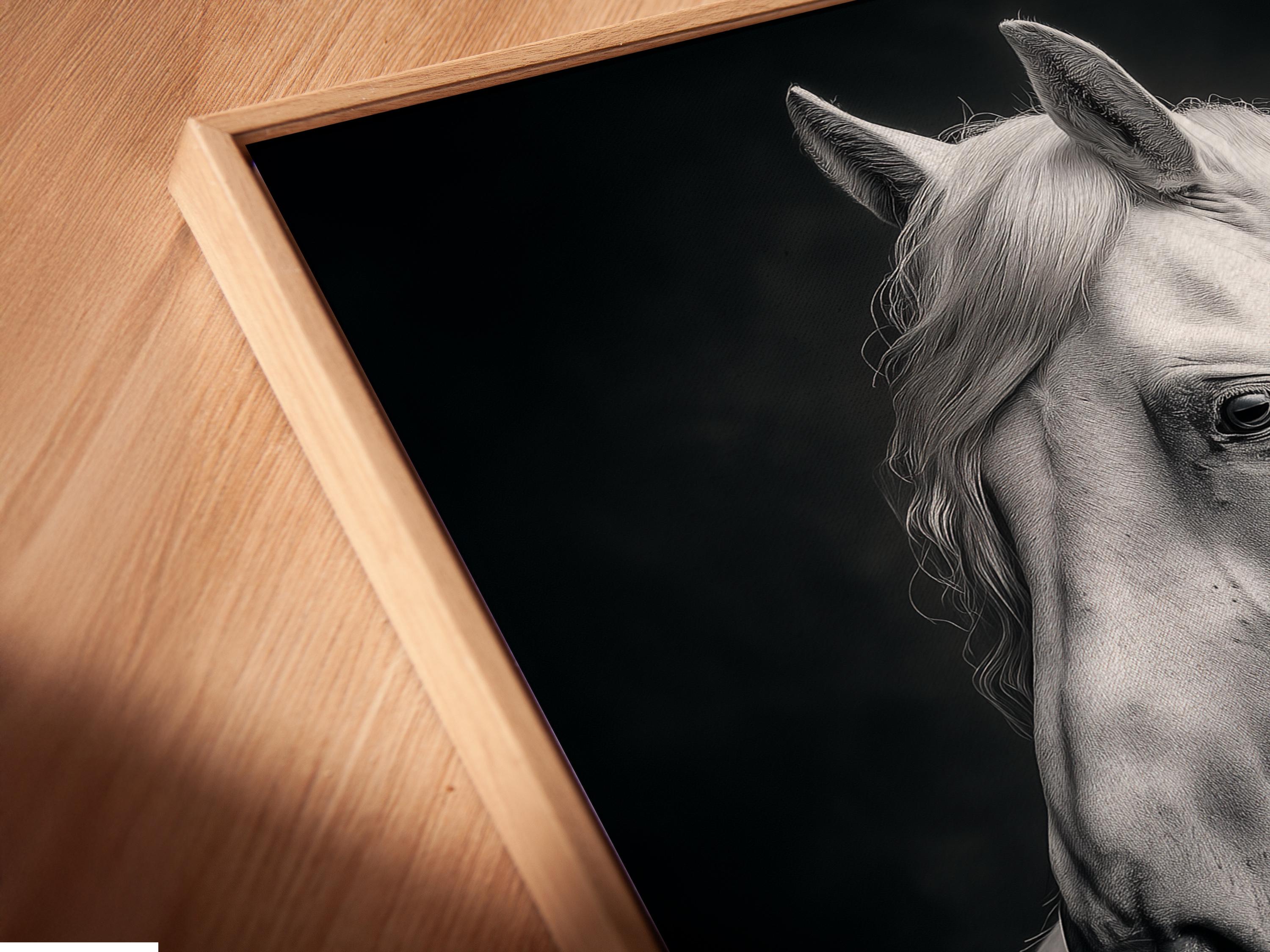 Room mockup showing a framed black and white horse portrait artwork