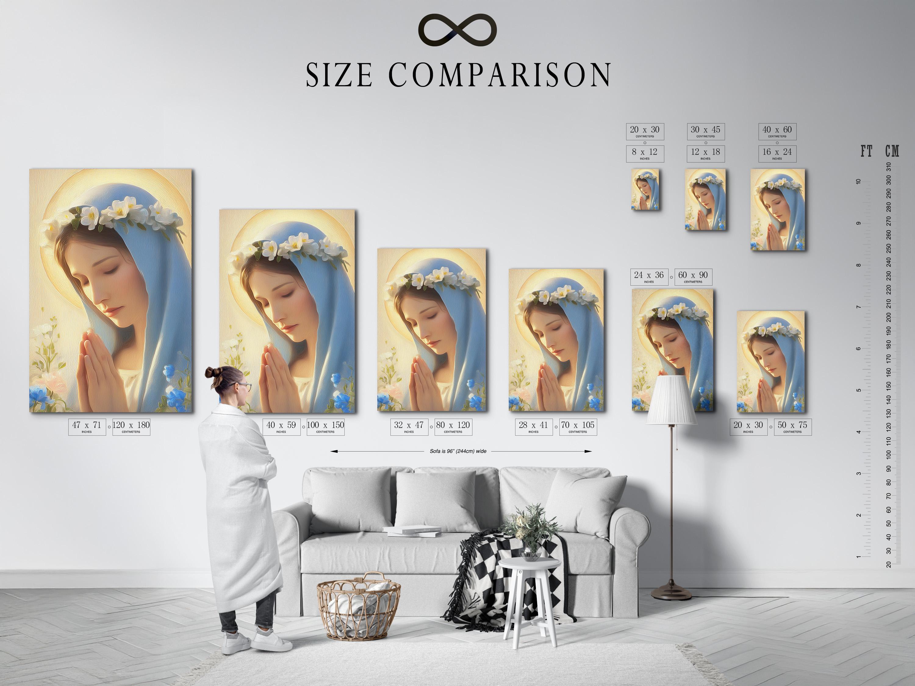 Framed religious portrait on a wall with a bowed robed woman, blue veil, golden halo glow, and clouds