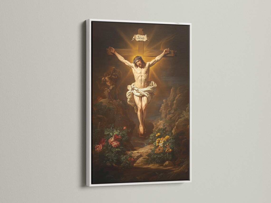 Vintage religious painting of a crucified man with warm gold light behind and flowers in the foreground; banner text reads “Jesus” detail view