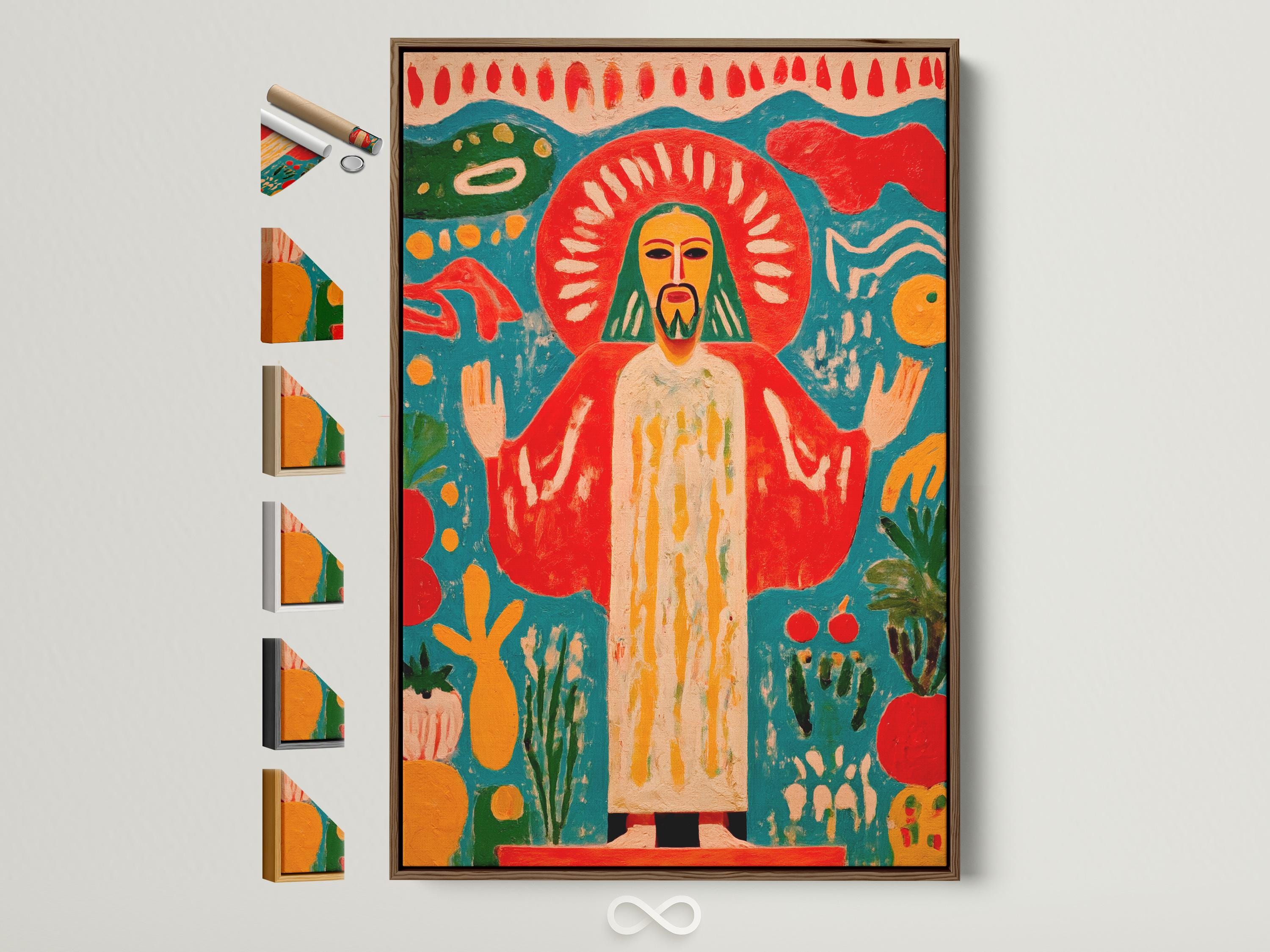 Religious sacred figure artwork displayed above a decorative console in a living room