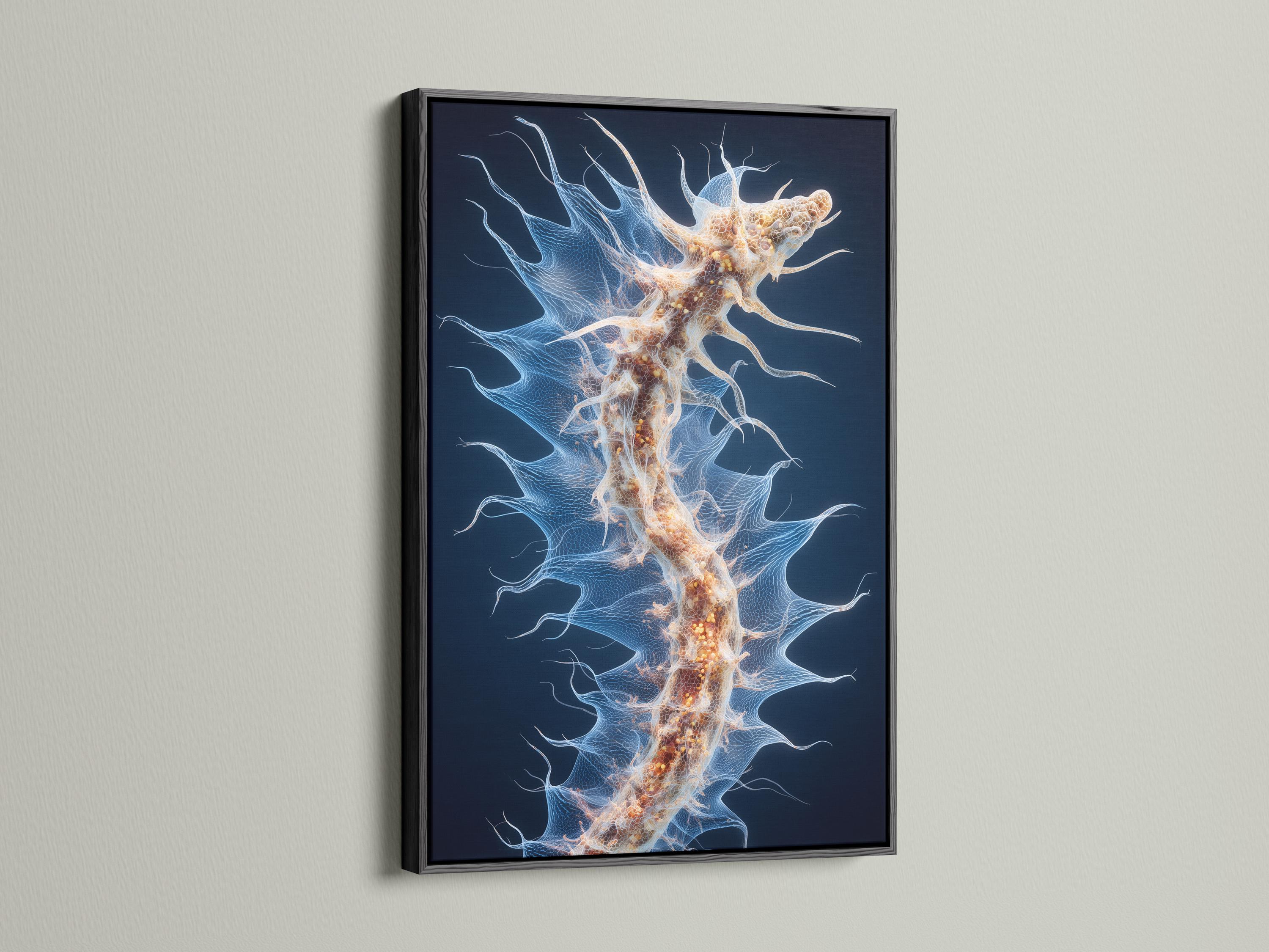 Abstract sea-anemone style artwork on a deep navy background with pale blue tendrils and gold speckles detail view