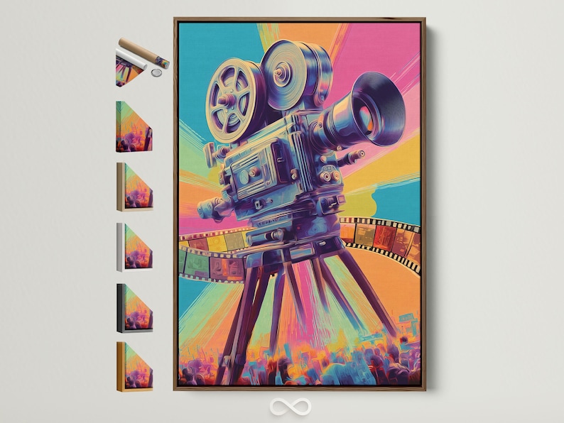 Stylised vintage movie camera in turquoise, hot pink and purple with a curved film strip