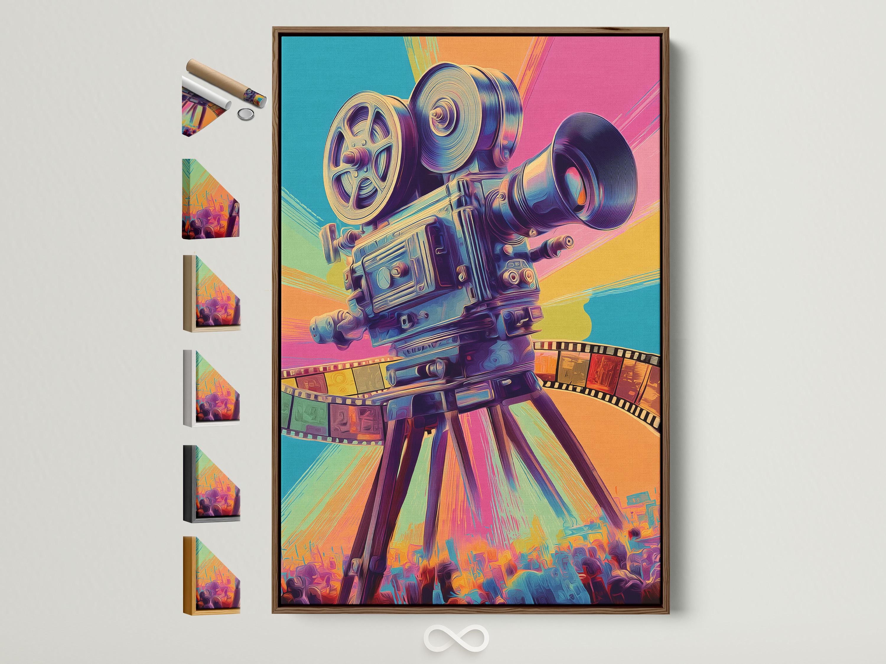 Stylised vintage movie camera in turquoise, hot pink and purple with a curved film strip