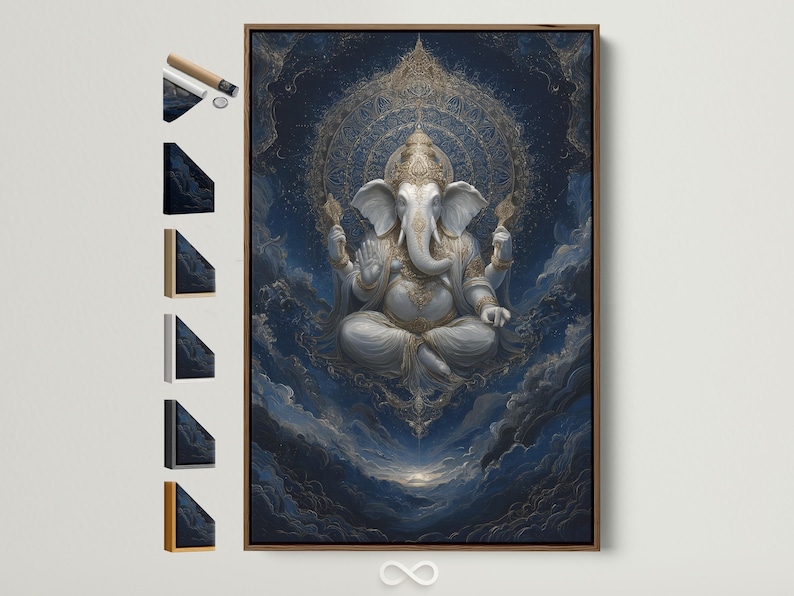 Indigo and gold seated elephant-headed deity with ornate halo and swirling clouds