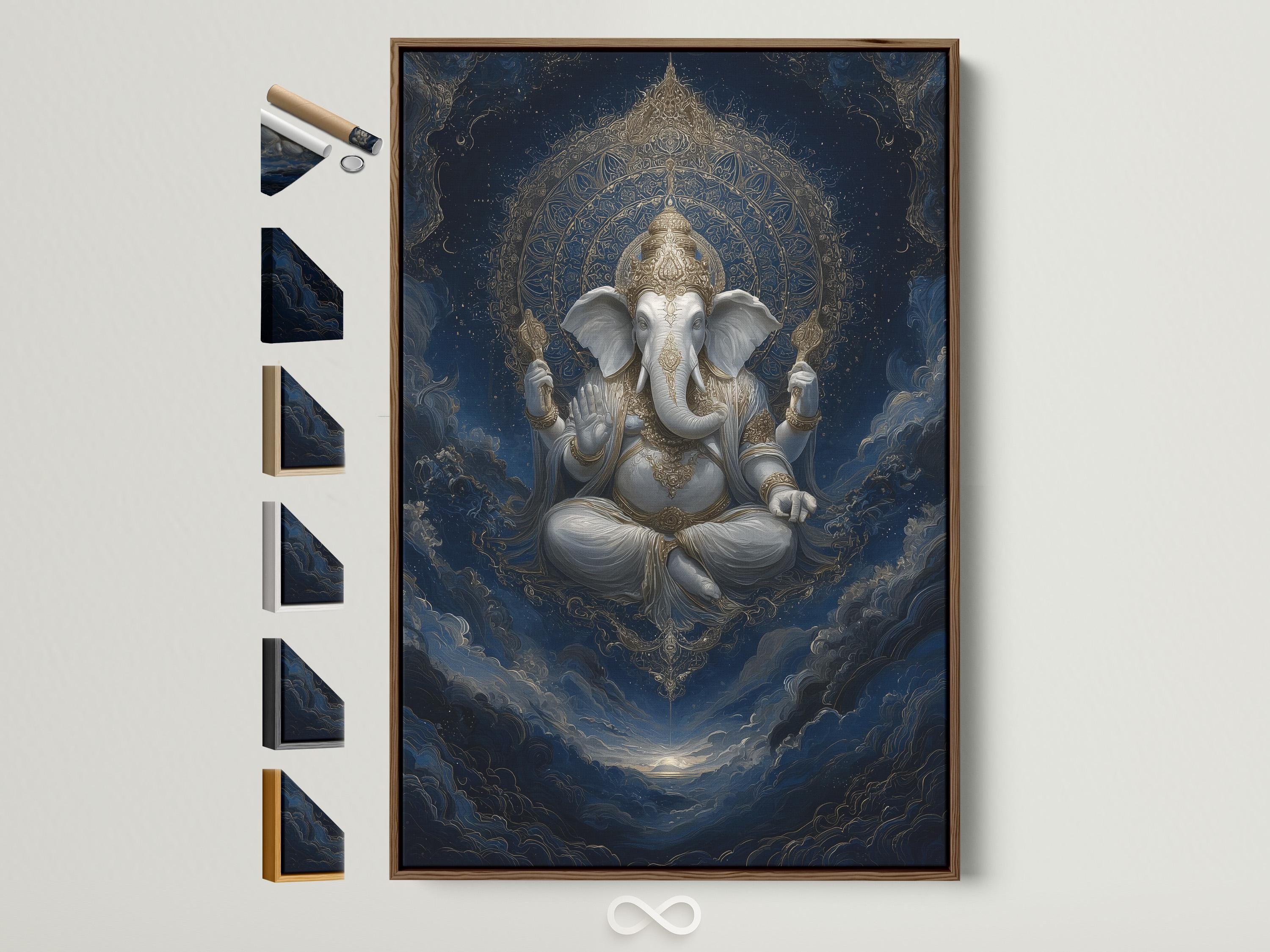 Indigo and gold seated elephant-headed deity with ornate halo and swirling clouds