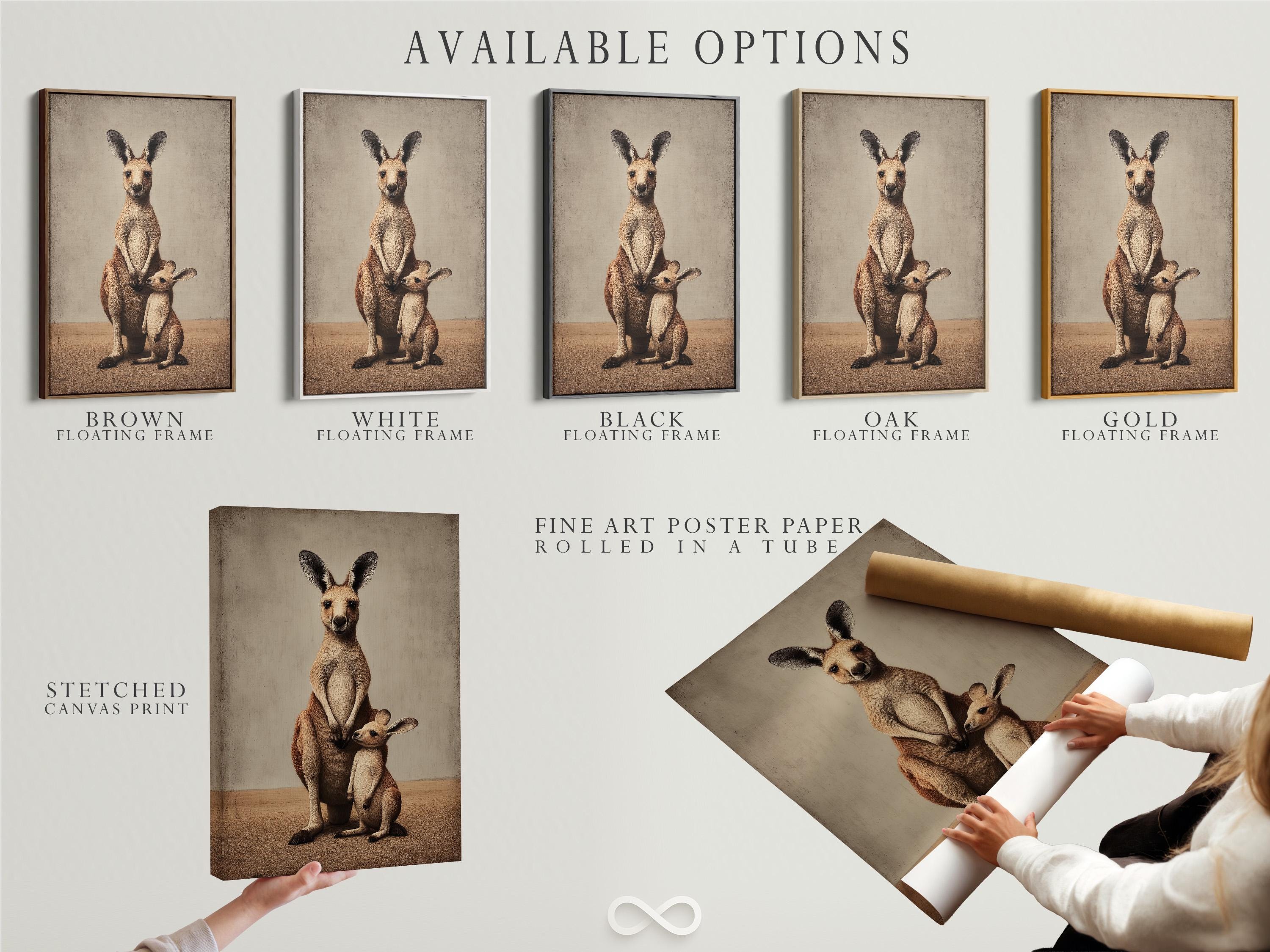 Room mockup showing a framed beige kangaroo mother and joey artwork