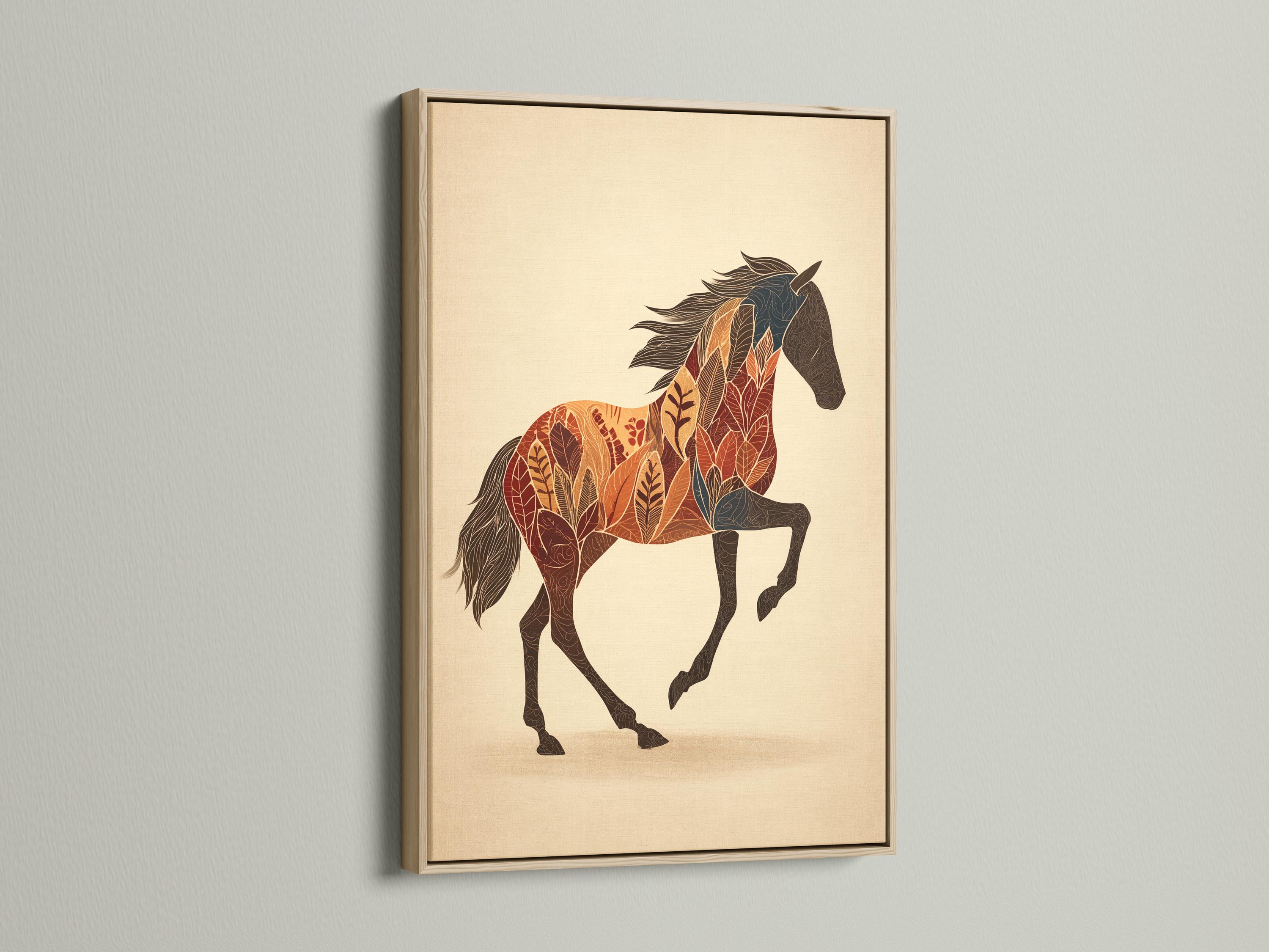 Mockup of a framed horse artwork with botanical leaf pattern on a pale beige background