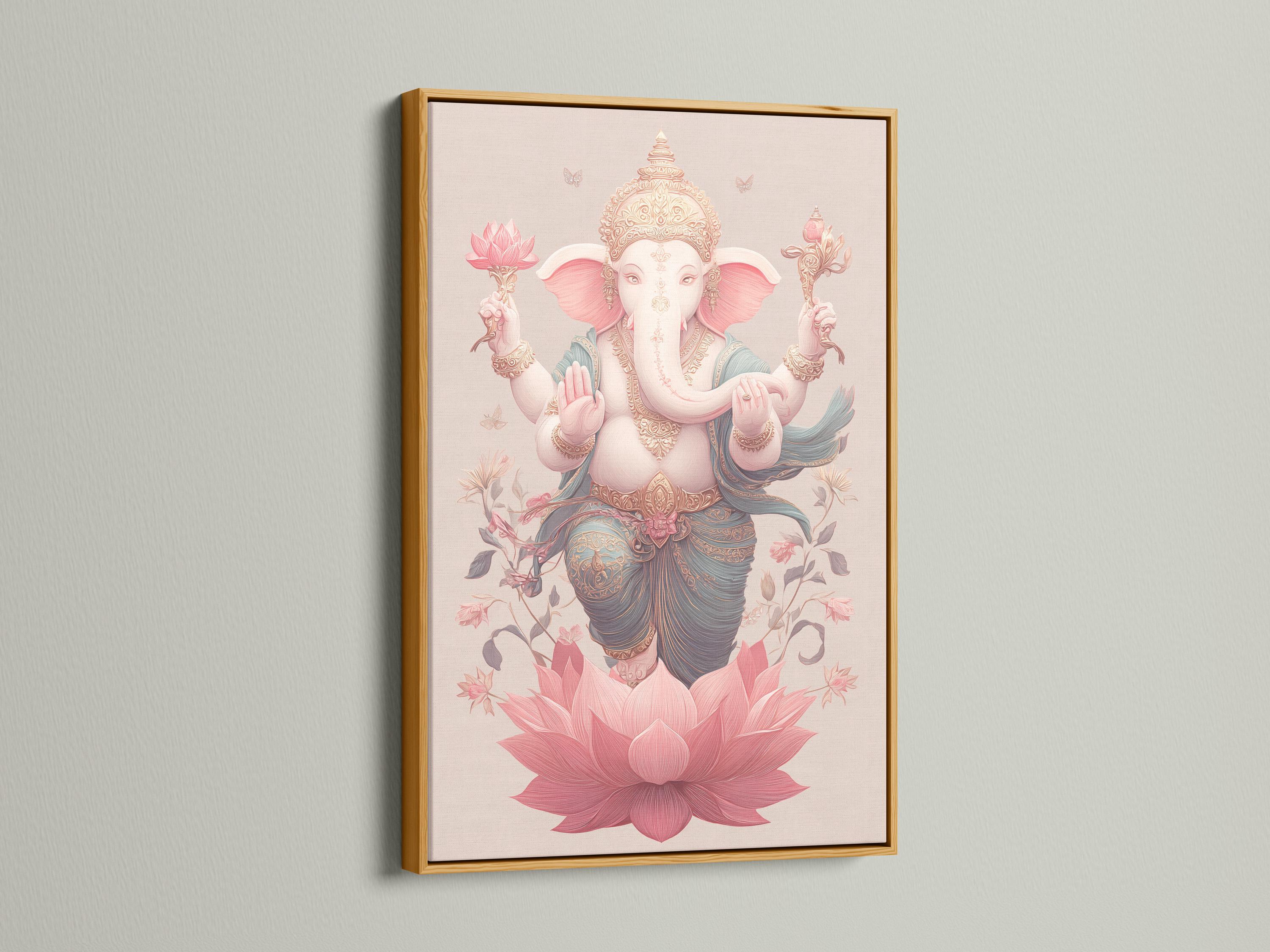 Elephant-headed deity figure with raised hands above a large pink lotus, with floral vines and butterflies detail view