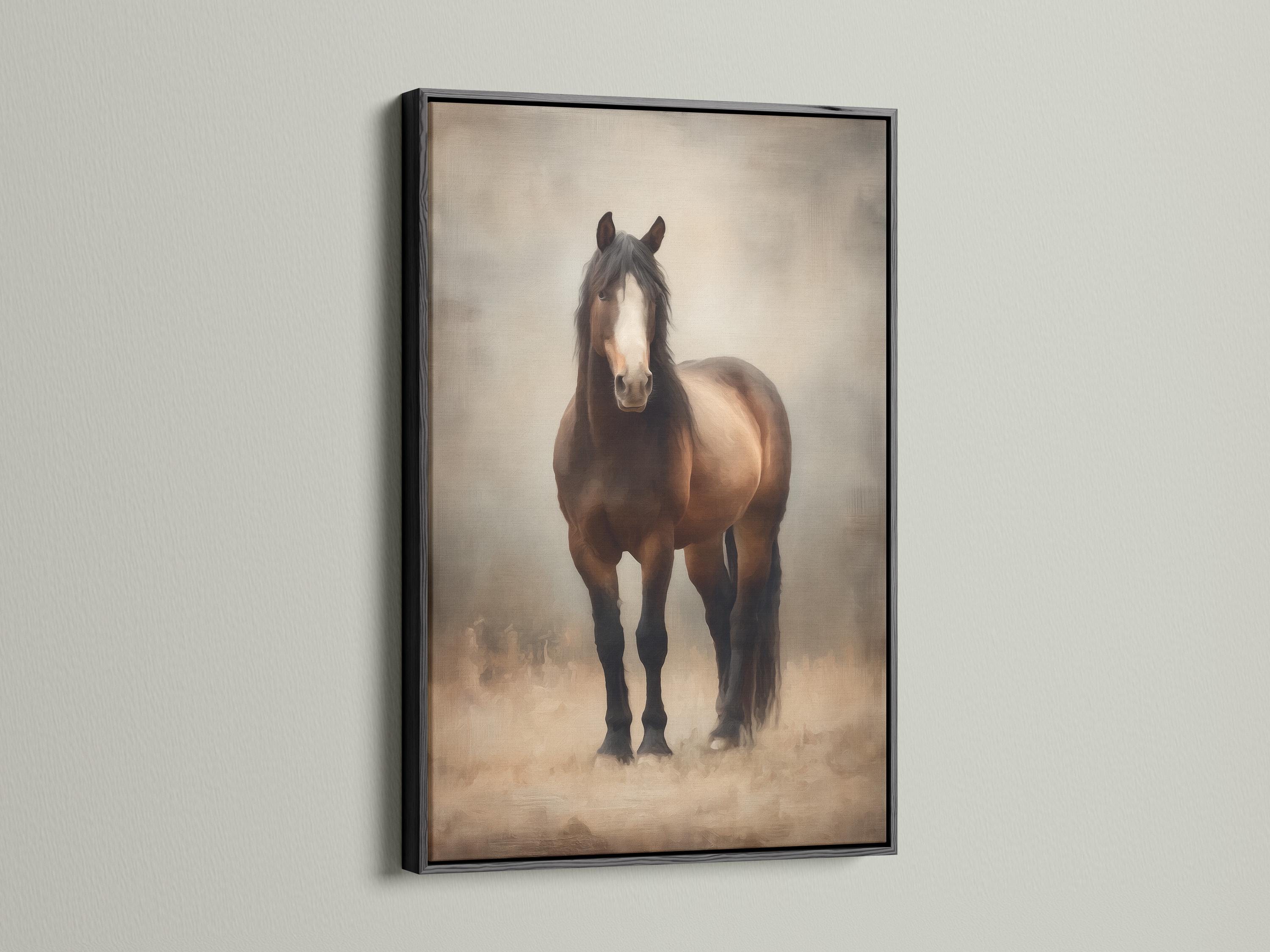 Room mockup showing a framed brown horse portrait artwork on a beige wall