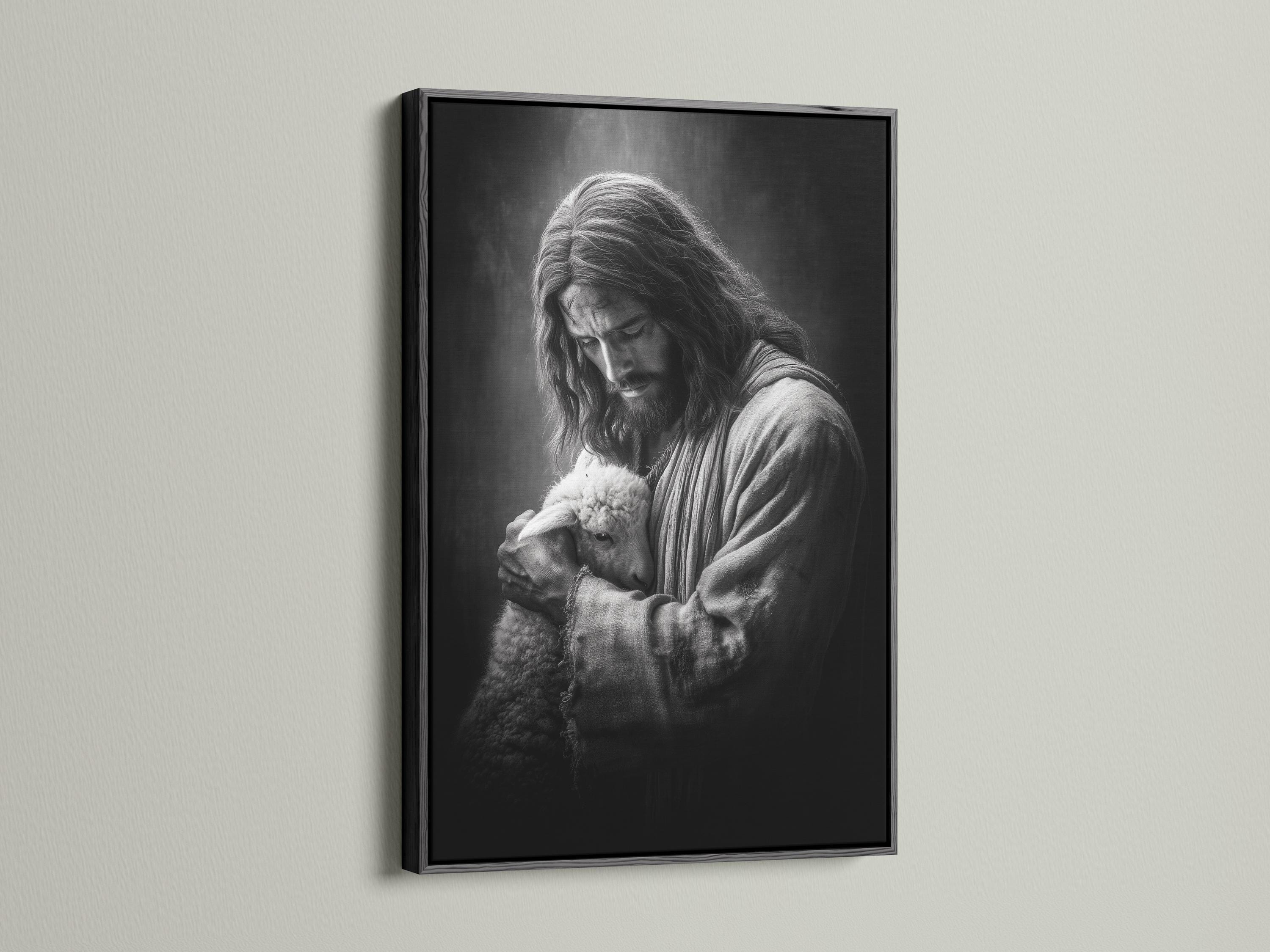 Framed black and white artwork of a shepherd holding a lamb shown on a wall mockup