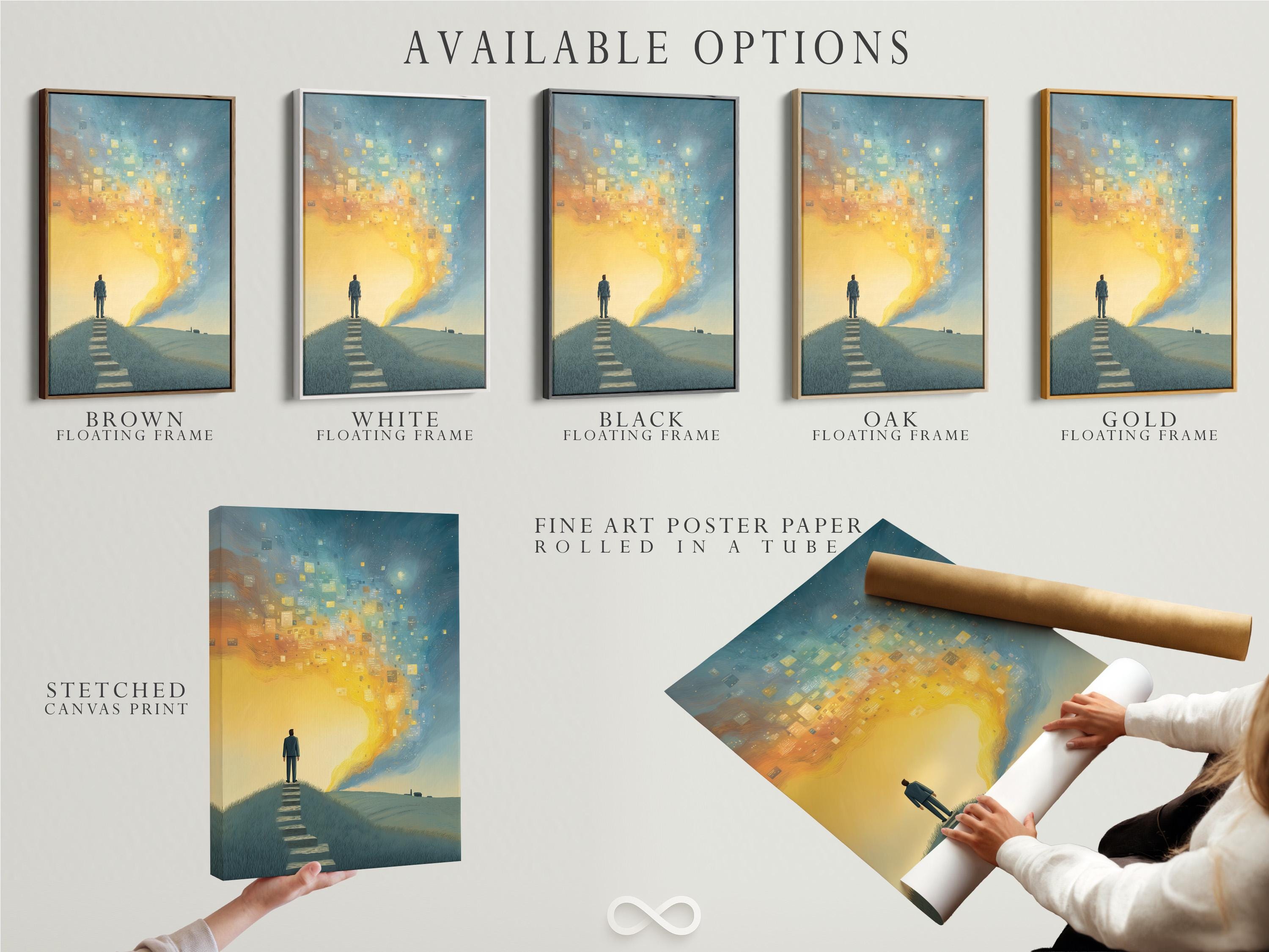 Wall mockup showing framed blue and gold surreal steps artwork