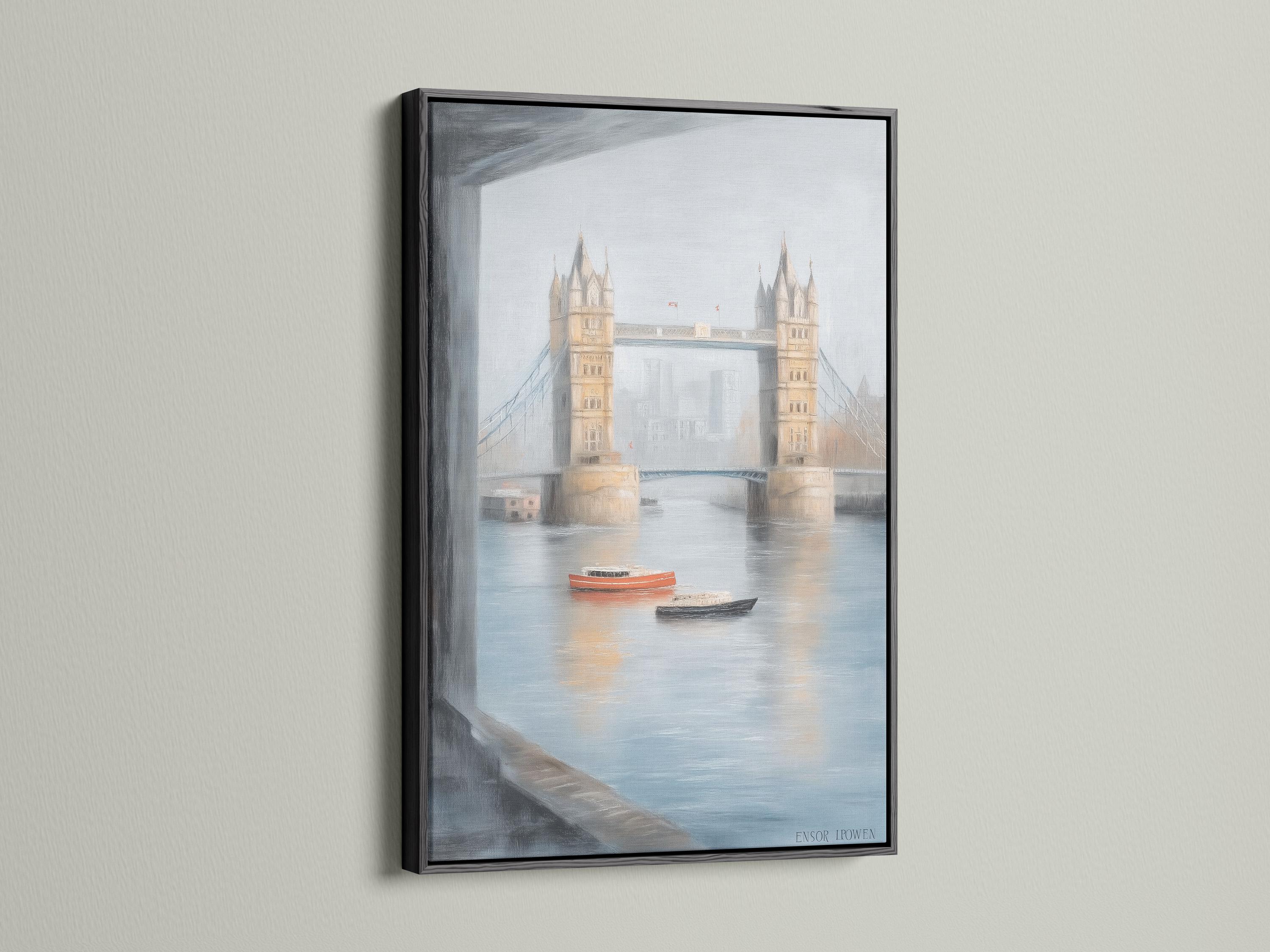 Painterly bridge over calm river with two boats, tower-like buildings and misty sky detail view