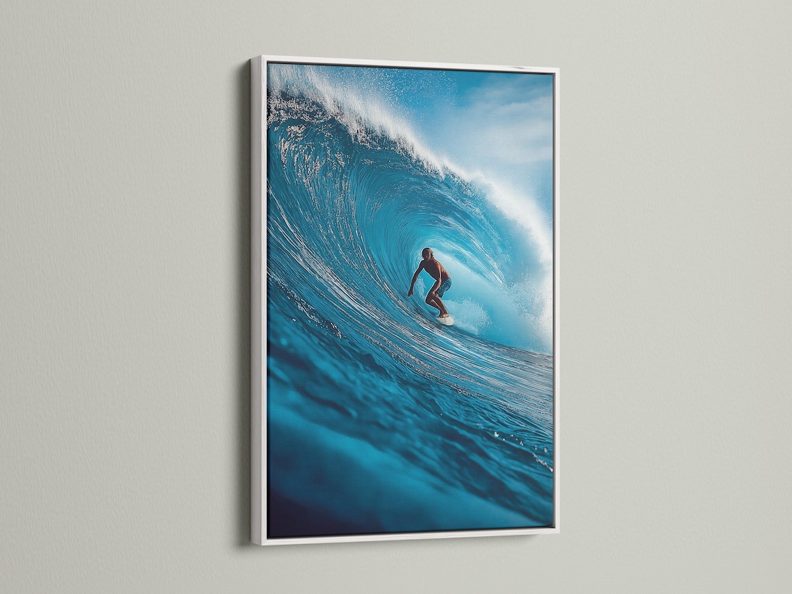 A blue ocean wave artwork shows a surfer riding through white foam, with bright sky-toned highlights and swirling water texture detail view