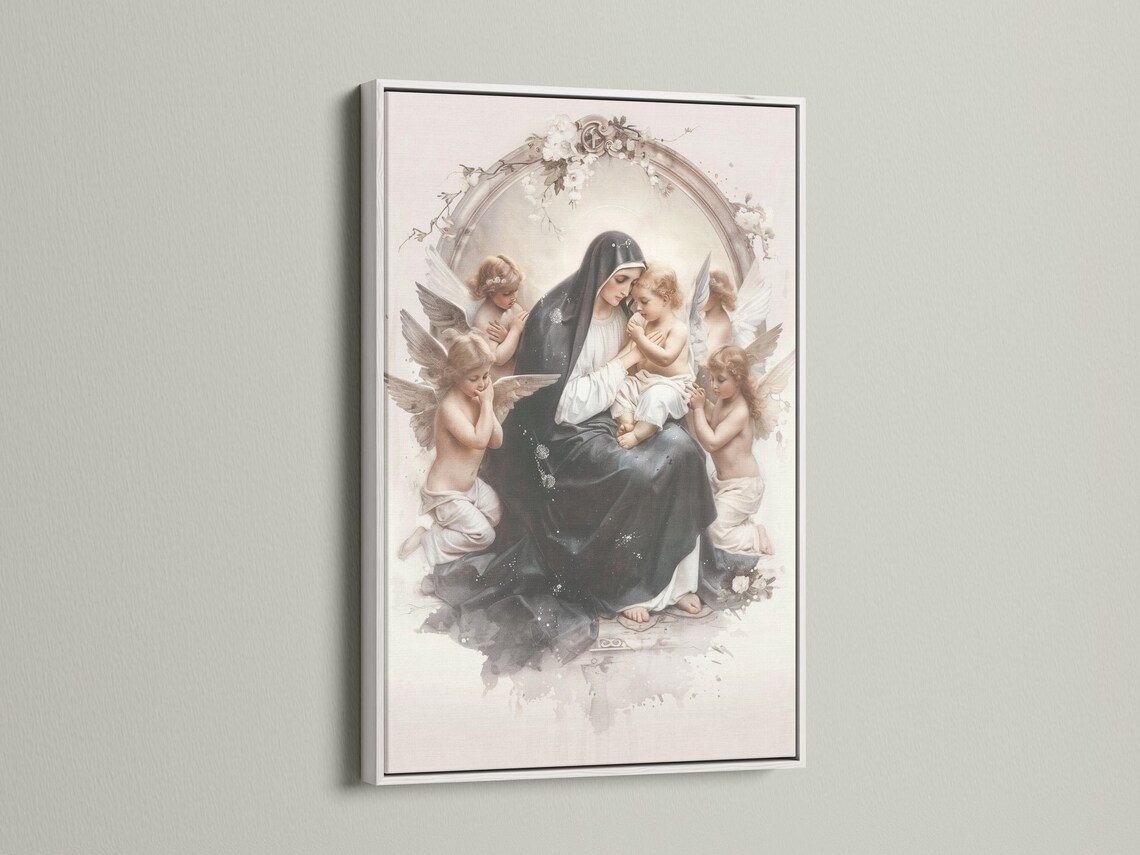 Madonna and Child religious artwork with winged cherubs and a floral arch in cream and grey tones detail view