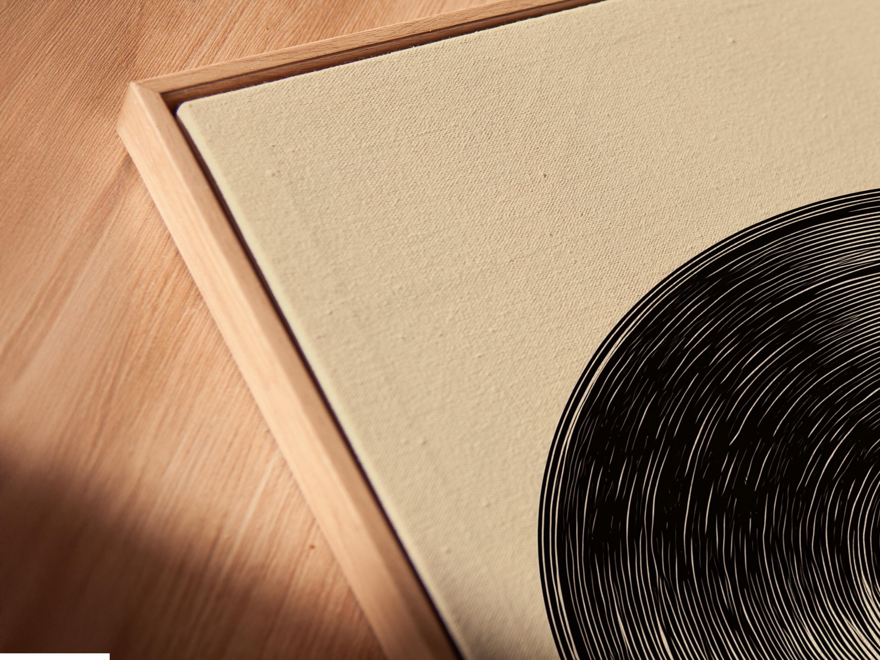 Vinyl record illustration with black concentric grooves on a beige background detail view