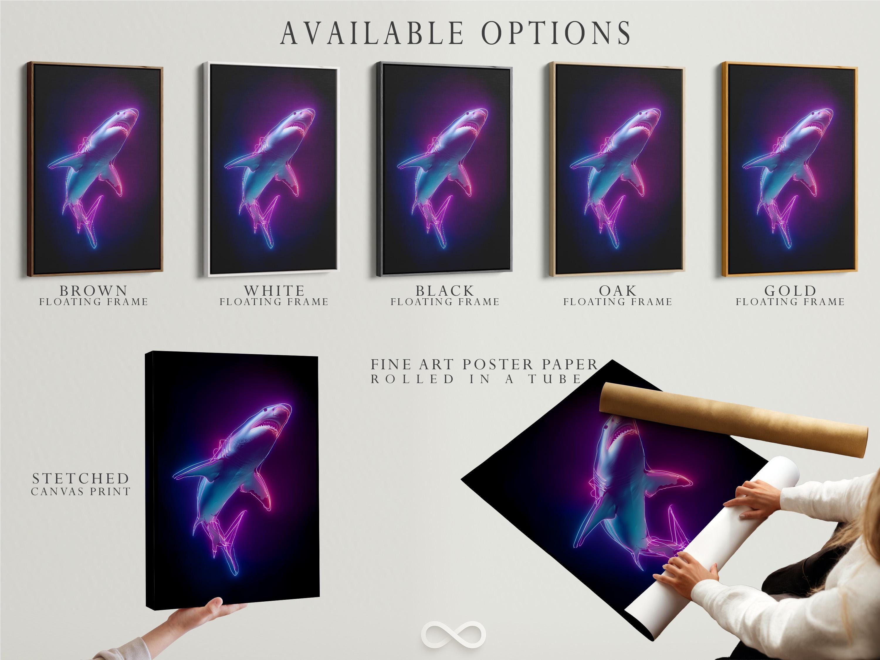Neon line-drawn shark with magenta and cyan glow on a dark purple background detail view