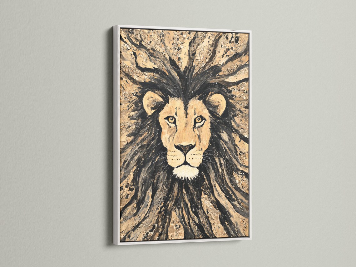 Stylised lion portrait with radiating mane strokes in beige, black and gold tones detail view