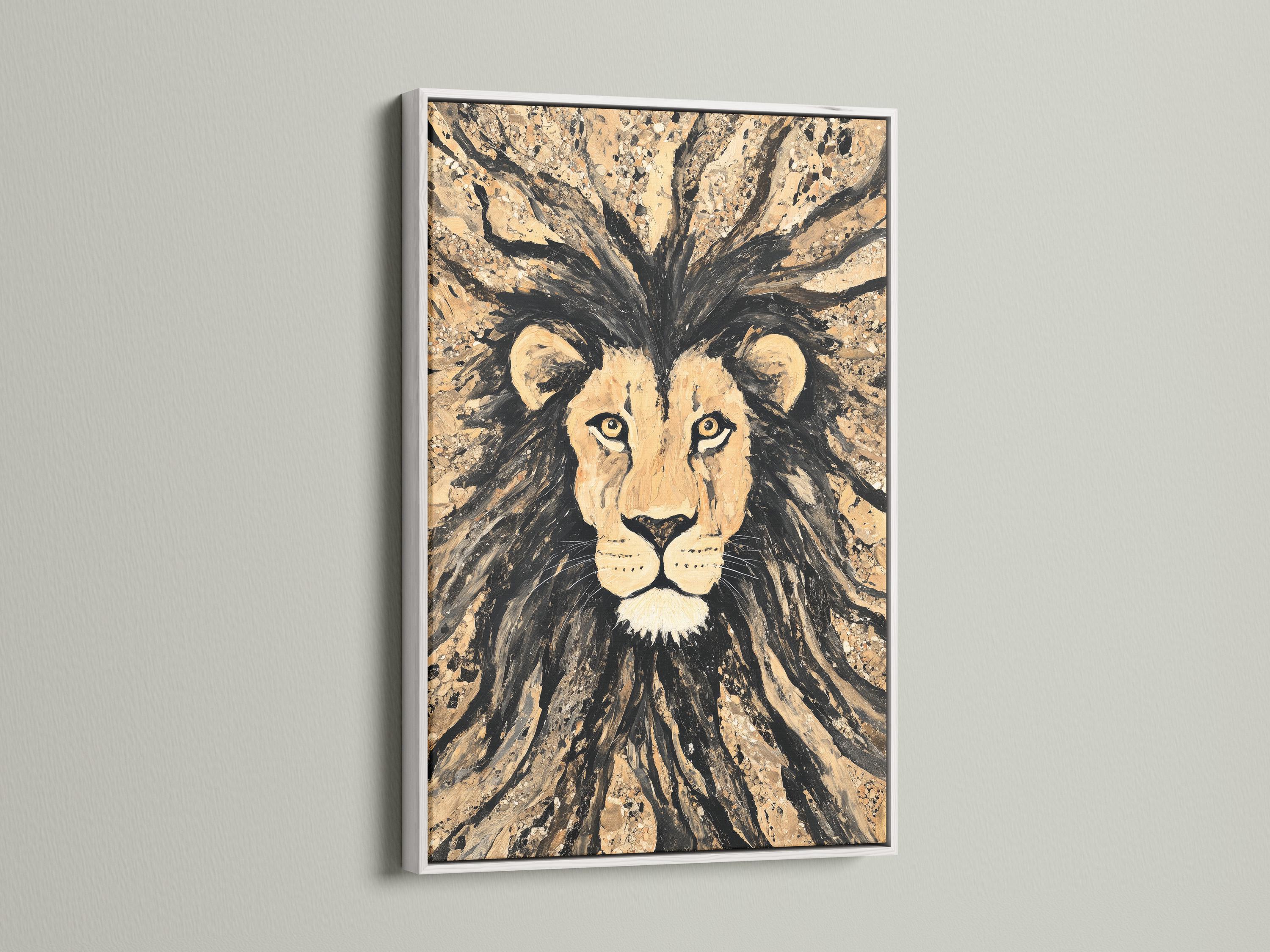 Stylised lion portrait with radiating mane strokes in beige, black and gold tones detail view