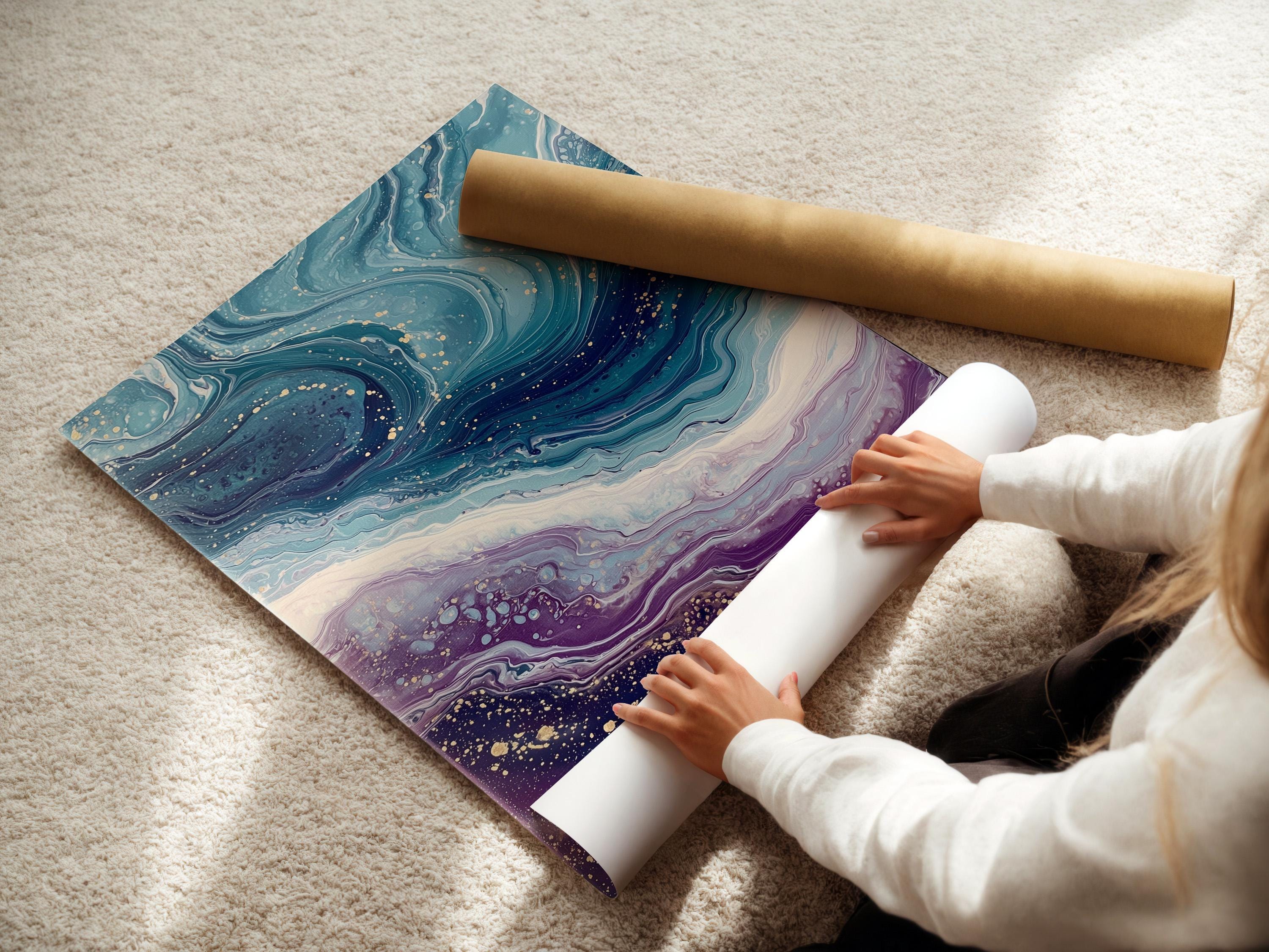 Fluid abstract wave artwork with teal, purple and gold swirls and speckles detail view