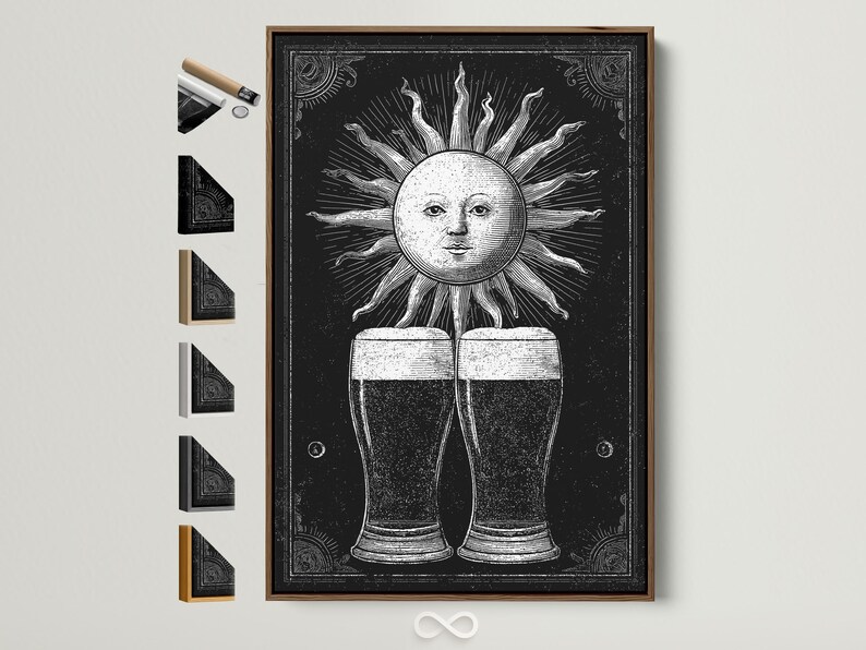 Black and white illustration of a sun face with rays above two beer glasses