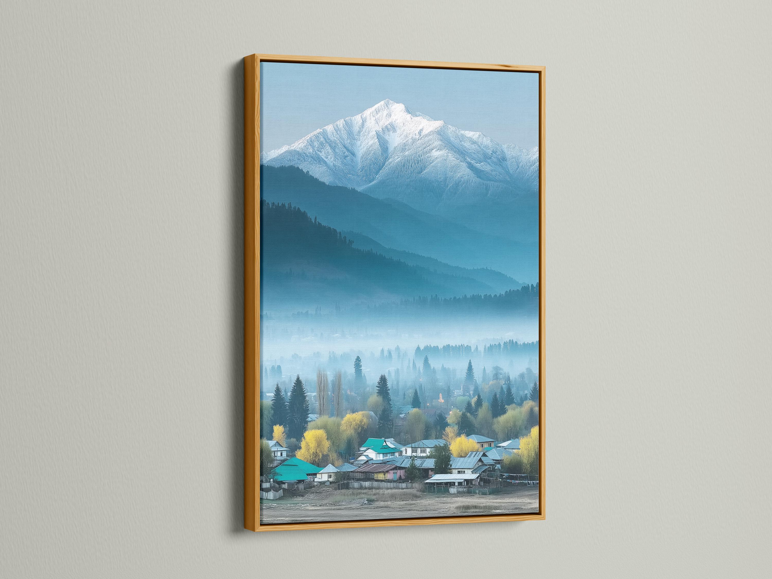Misty snowy mountain landscape with evergreen trees and a village in teal and blue tones detail view