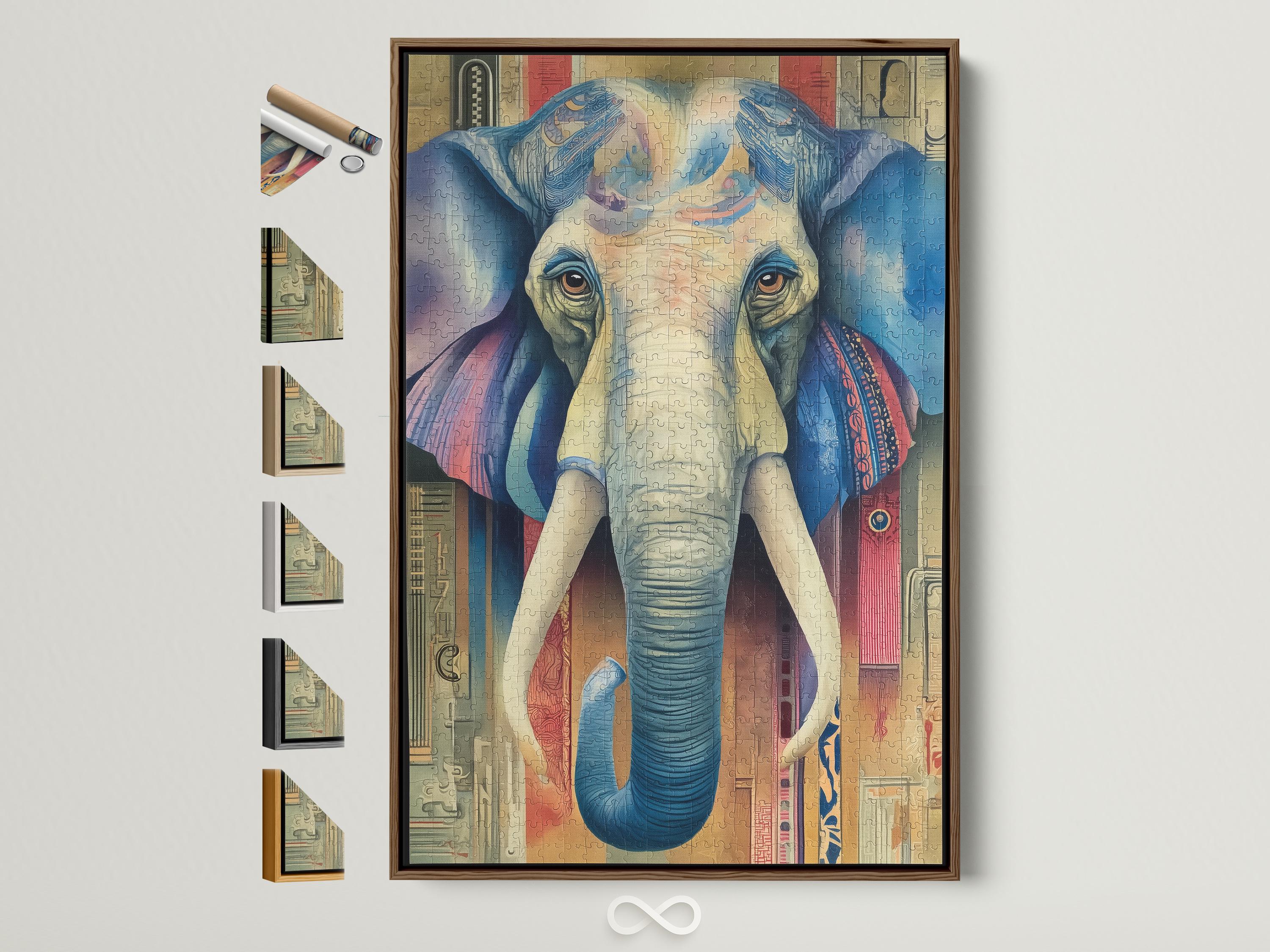 A stylised blue elephant portrait with patterned, map-like details sits centre-stage within a colourful, vintage-inspired background detail view