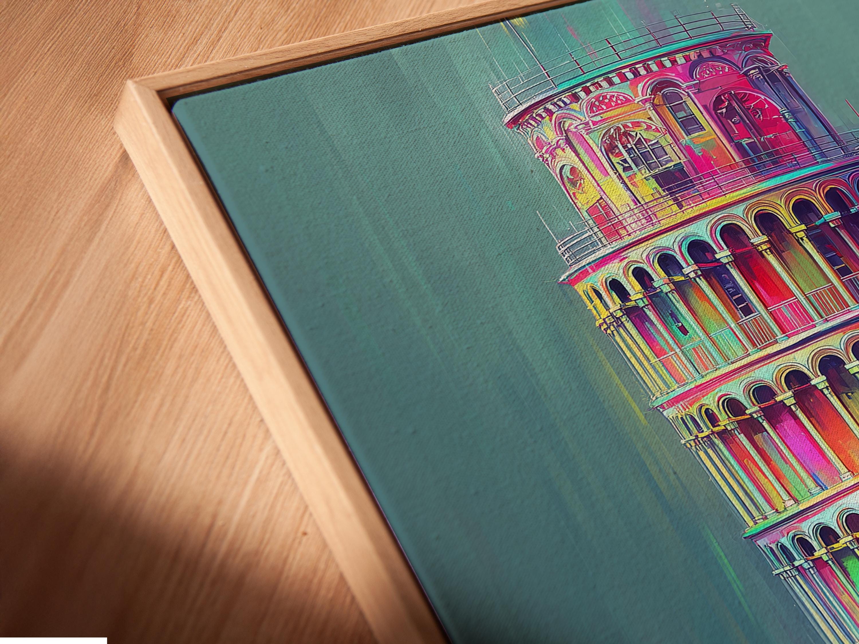 Mockup showing a framed neon rainbow Leaning Tower of Pisa illustration on a wall