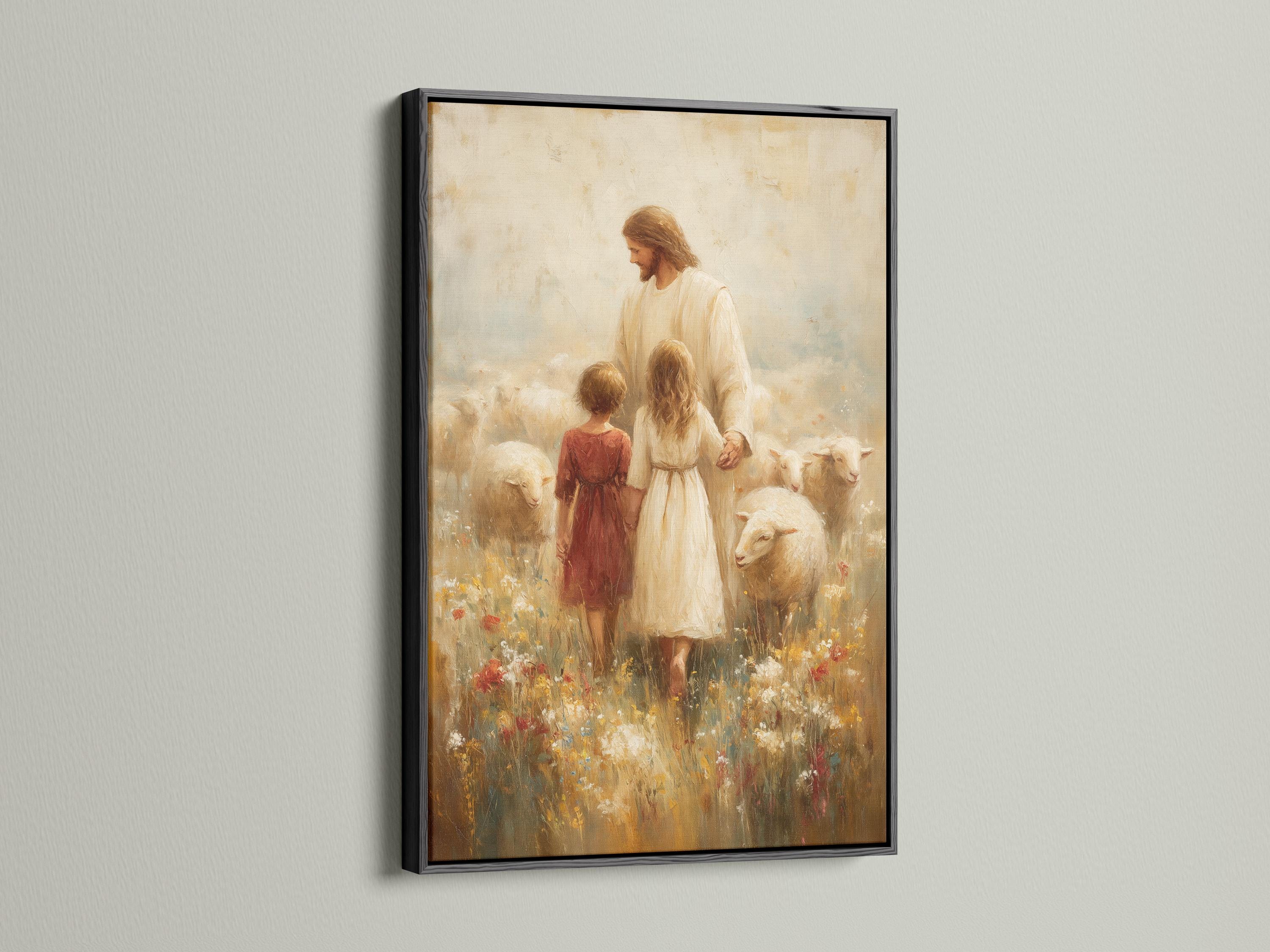 Painterly religious scene of a robed adult with two children and a white sheep in a flower field detail view