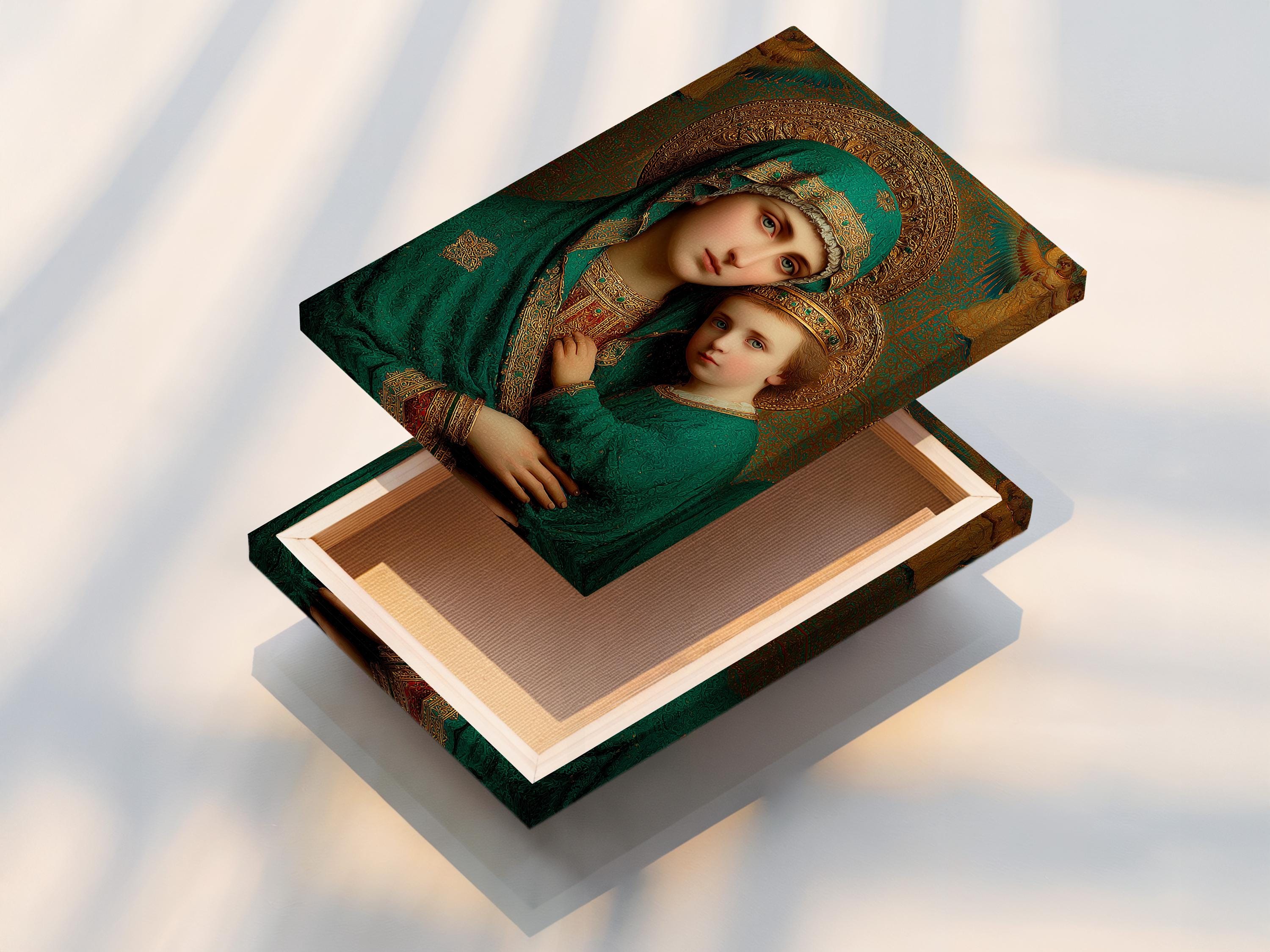 Room mockup showing a framed devotional portrait with emerald and gold figures and halos