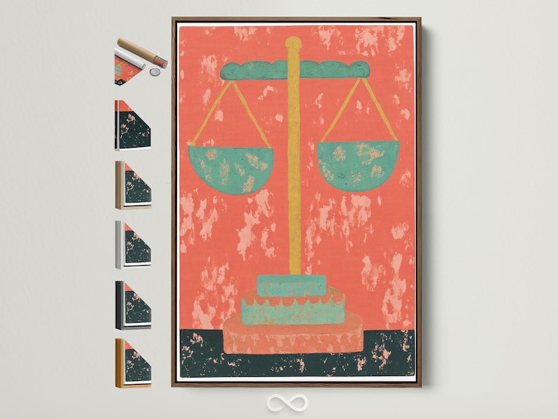 Stylised scales of justice with mint-green pans and gold beam on a coral-red distressed background