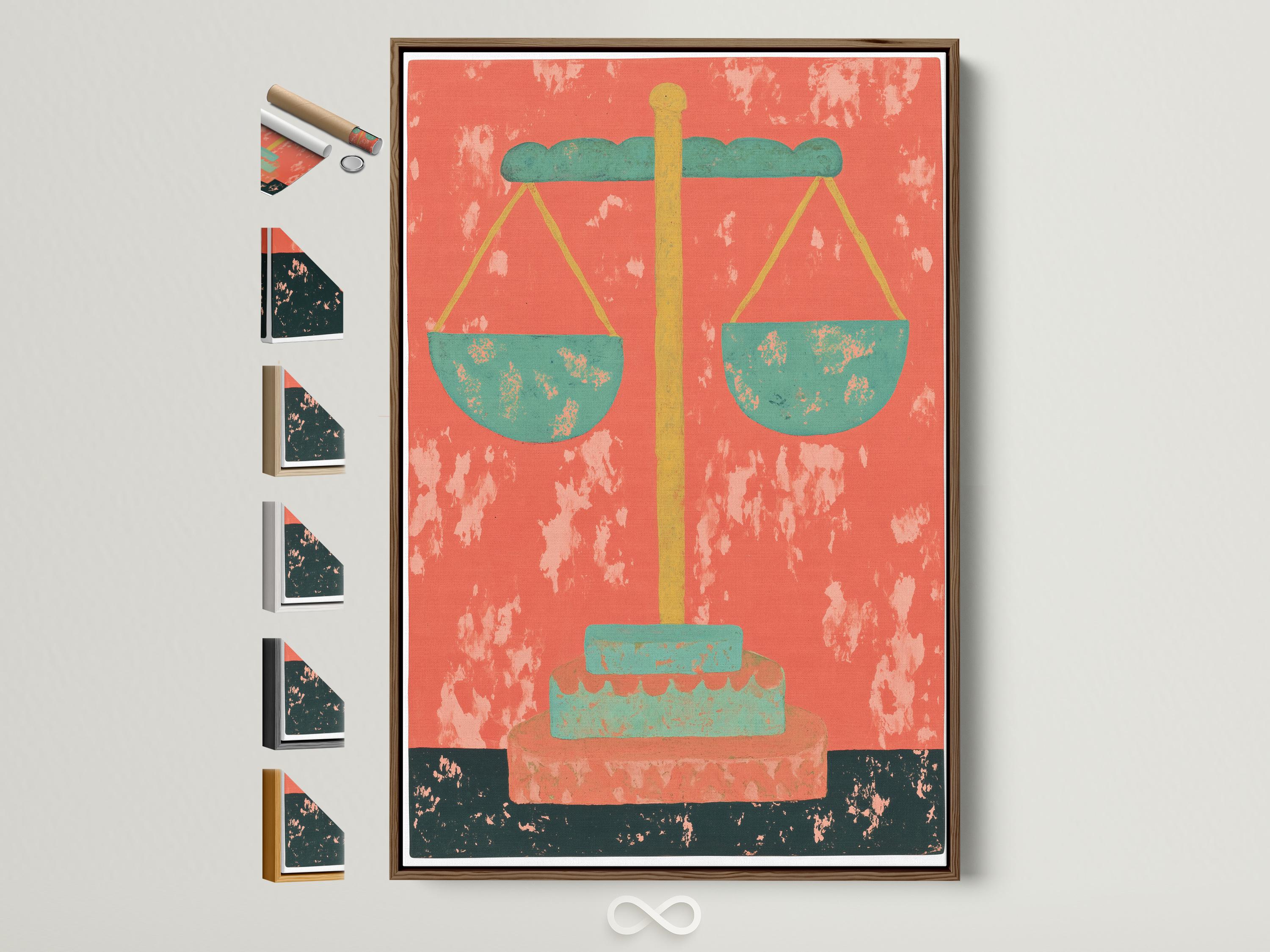 Stylised scales of justice with mint-green pans and gold beam on a coral-red distressed background
