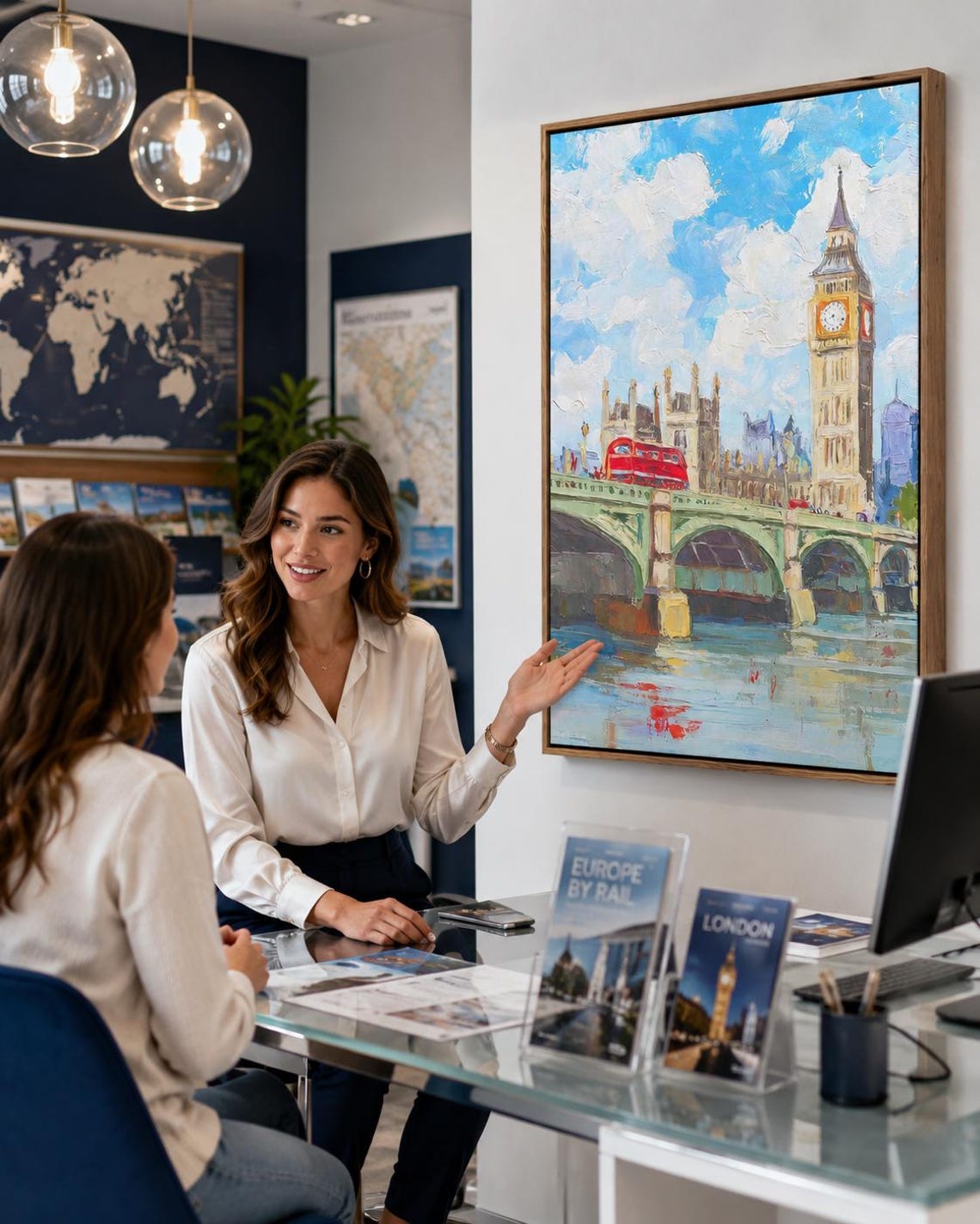 Room mockup with a framed blue cityscape artwork above a wooden sideboard and dining table