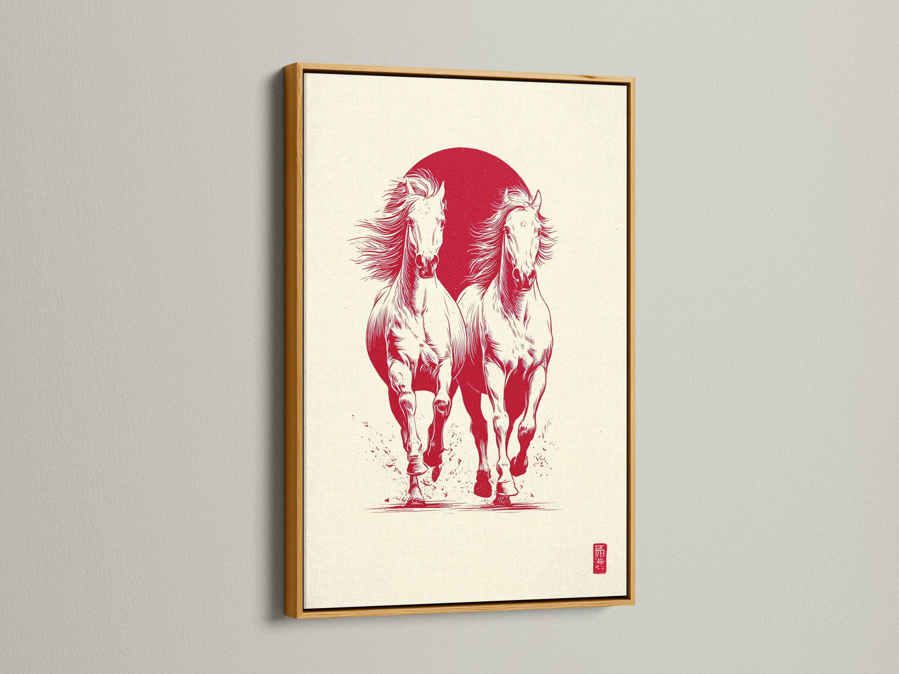 Wall mockup showing a framed artwork with two rearing horses in white against a red circle