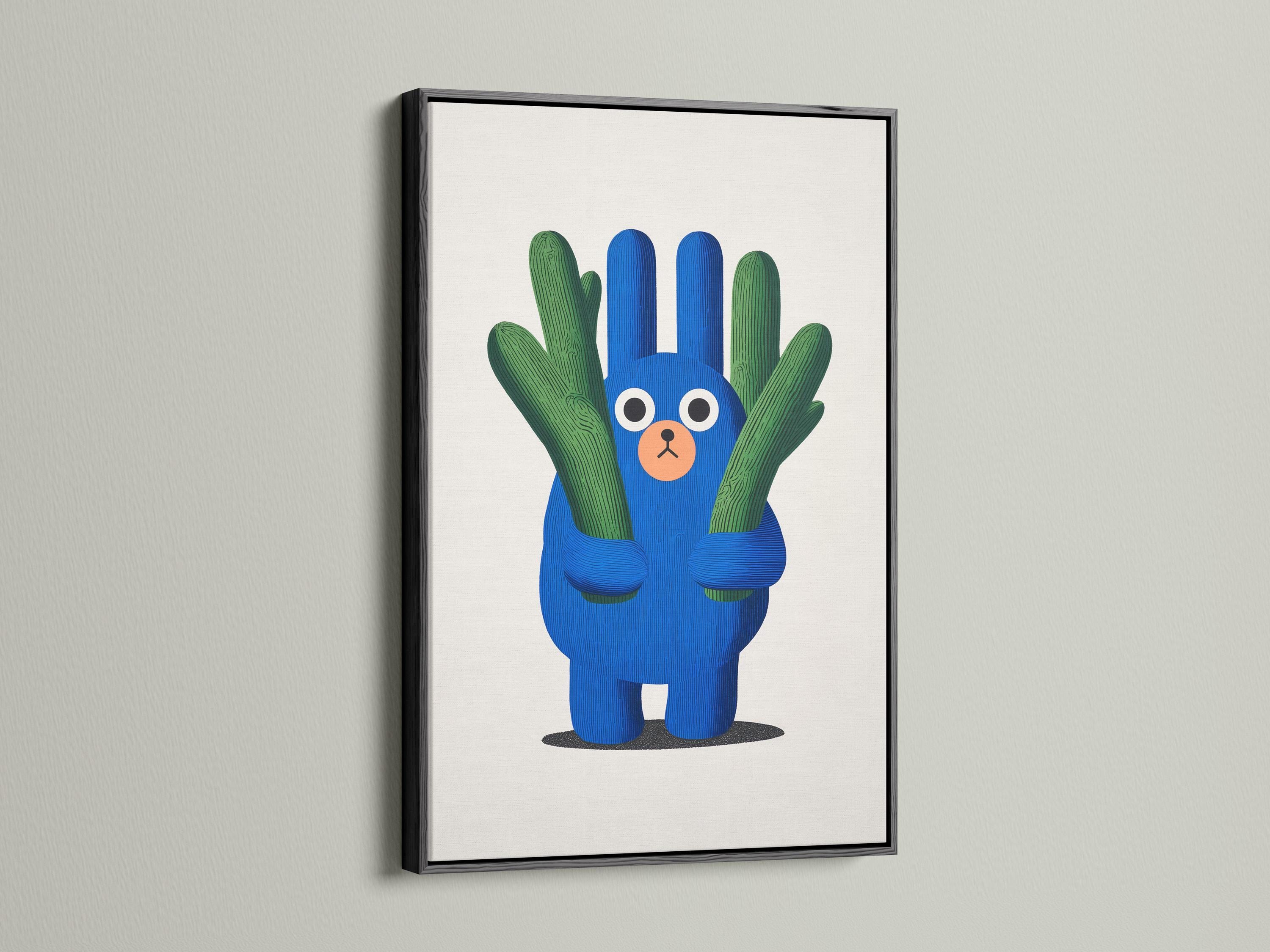 Blue cartoon bear holding green cactus arms on an off-white background detail view