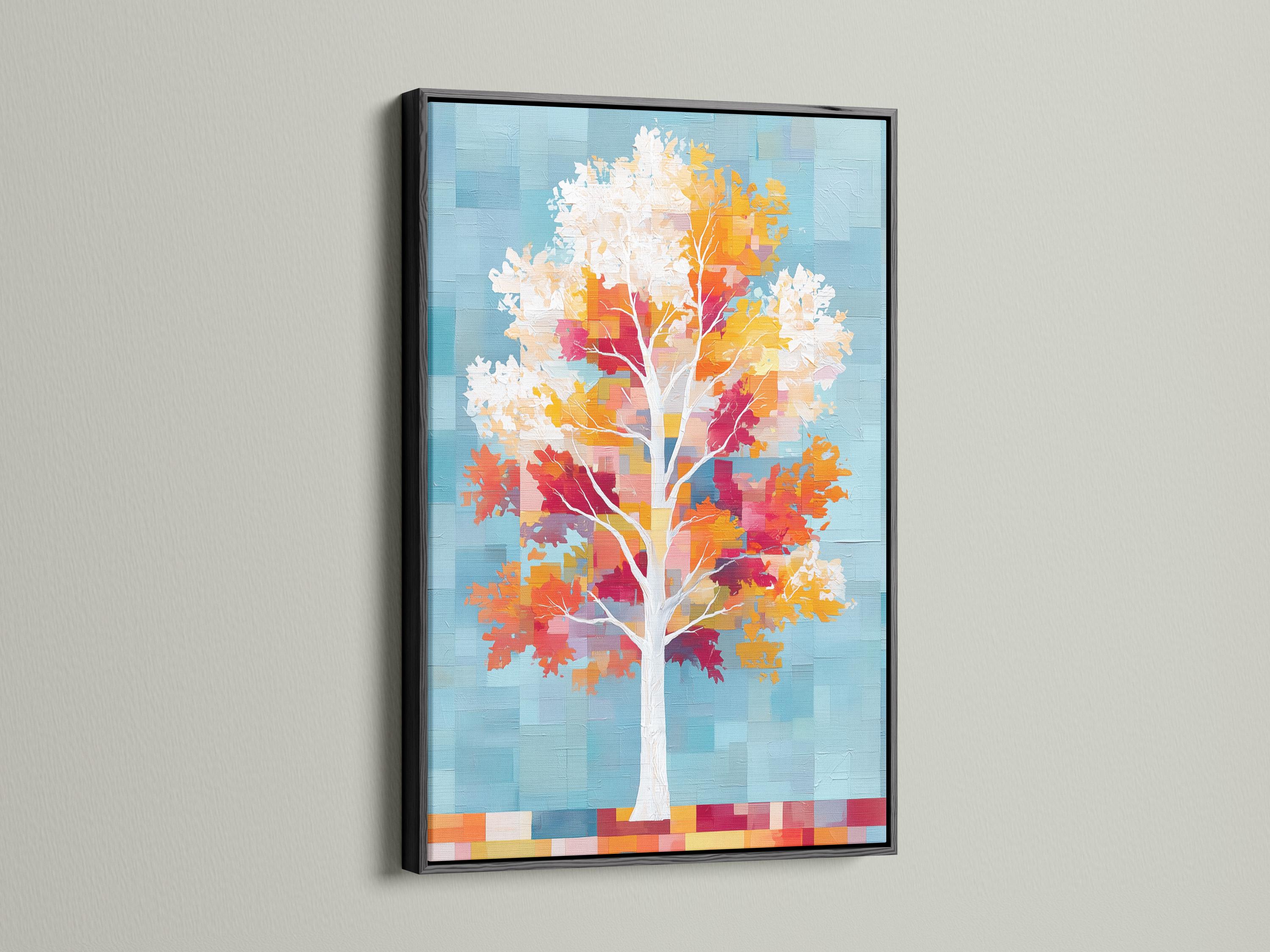 Stylised tree with white trunk, colourful autumn leaf blocks, and cool blue pixel background detail view