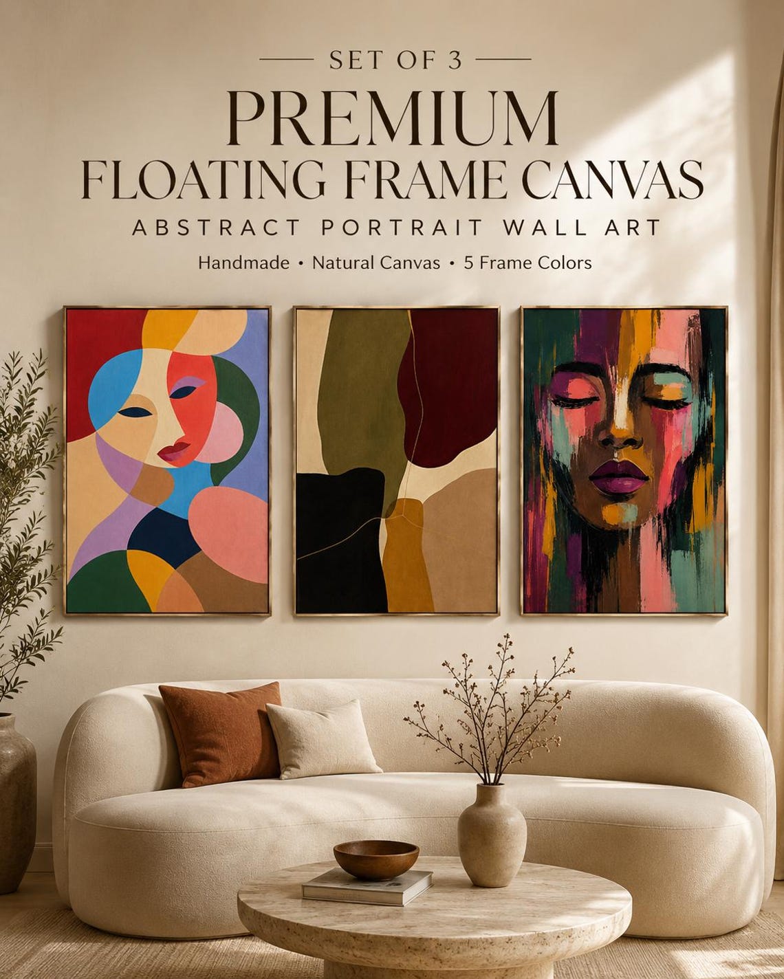 Room mockup with three abstract portrait artworks in multicolour tones above a bed and desk