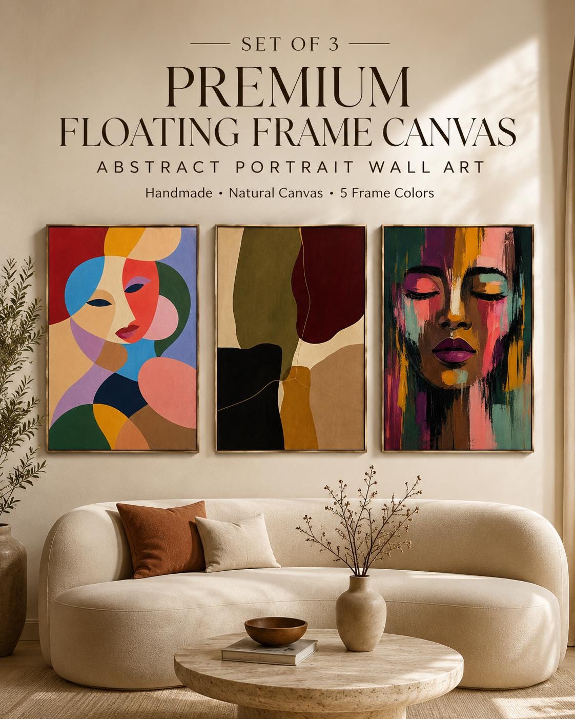 Room mockup with three abstract portrait artworks in multicolour tones above a bed and desk
