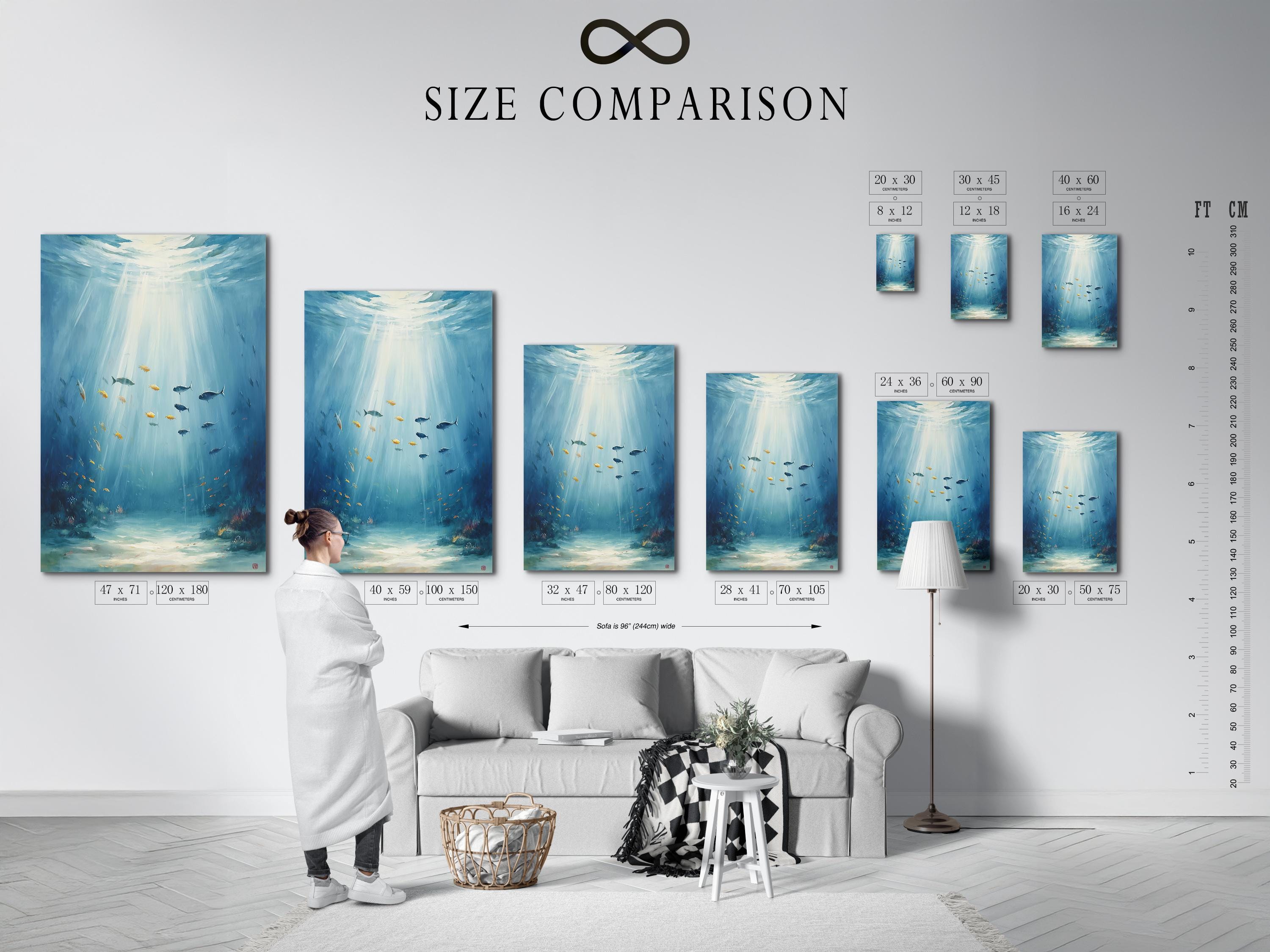 Bathroom wall mockup showing framed underwater fish artwork in aqua and blue